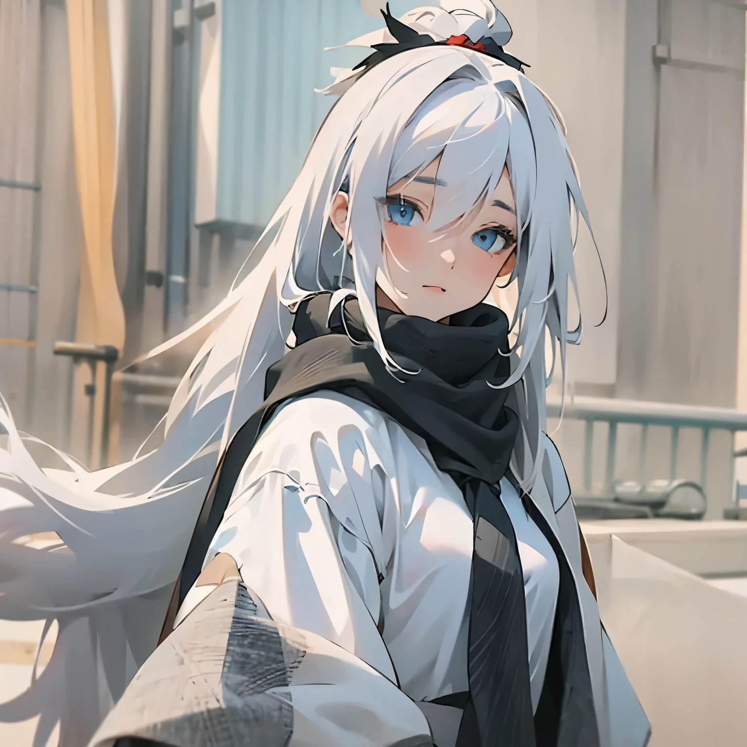 Close-up of a woman with white hair and a black scarf, Character portraits by Yang J., Pixiv Contest Winner, fantasy art, white haired god, beautiful character drawings, artwork in the style of Gouvice, The Yuki Onna's piercing gaze, Gouvice, has long white hair, has long white hair, Flowing hair and long coat ,muscular ,abs,veins