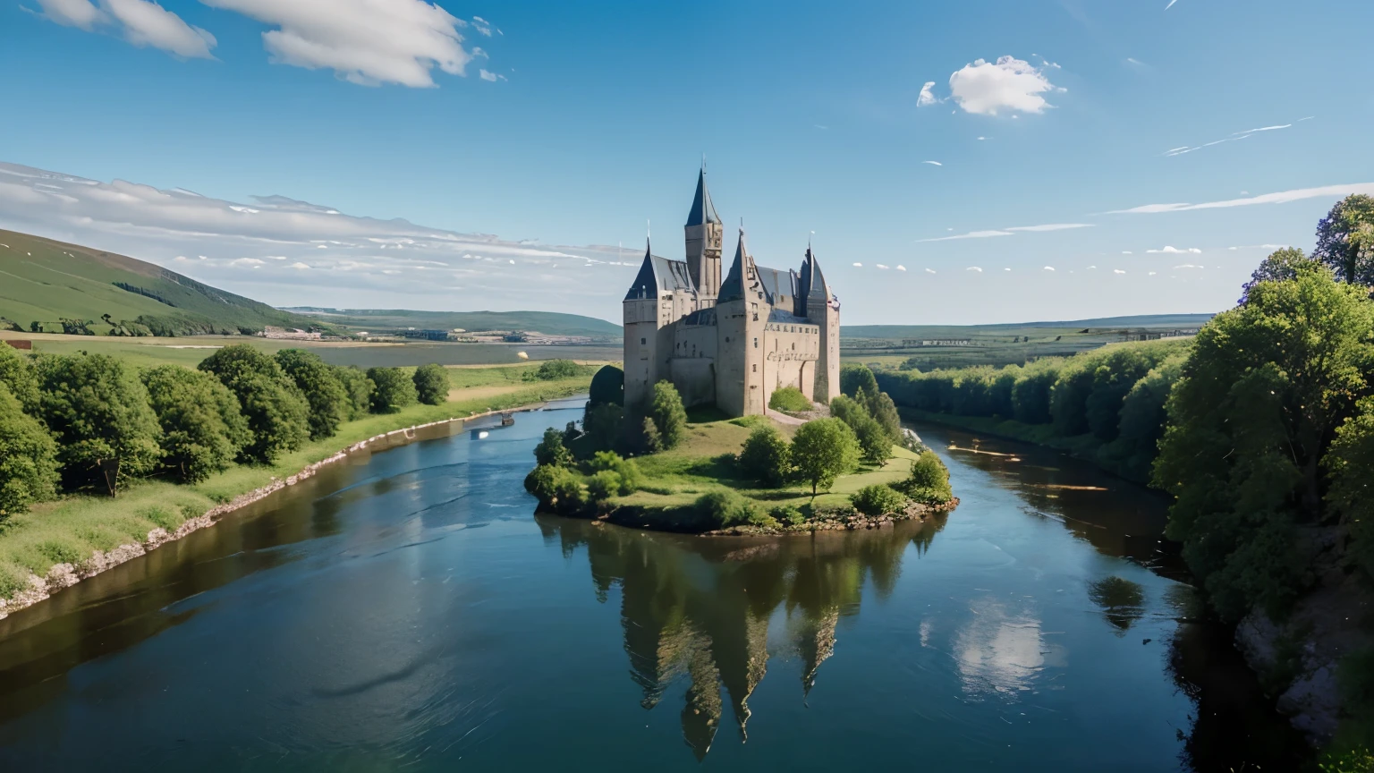 the beautiful realistic landscape of the castle of "Belver" and a river with blue waters