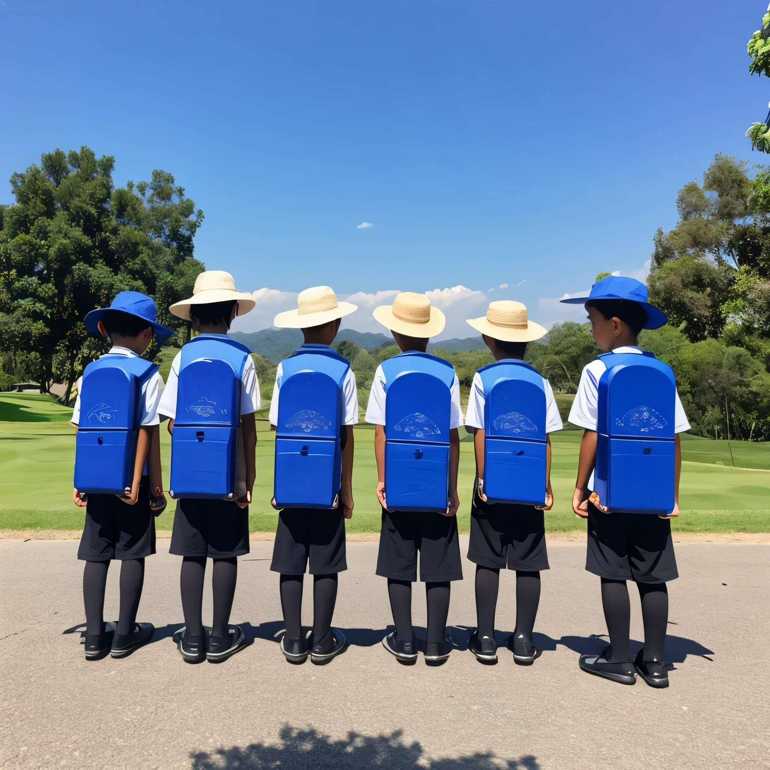 Foto Real 4 Anak Indonesian Facing Forward, Background Blue, First Boy Tall 120 cm, Wearing Black Fez Hat, Carrying Painting Tools, Second Boy Tall 100 cm, Short Hair, Carrying Mobile Phone, Third Boy Tall 100 cm, Wearing Golf Cap, Wearing Workwear, Last Girl Tall 90 cm, Wearing Hijab, Carrying Book, Ultra HD, Realistic
Four Indonesian children line up facing forward against a blue background. The eldest boy tallies at 120 cm, wearing a black fez hat as he carries his painting tools. The second boy, standing at 100