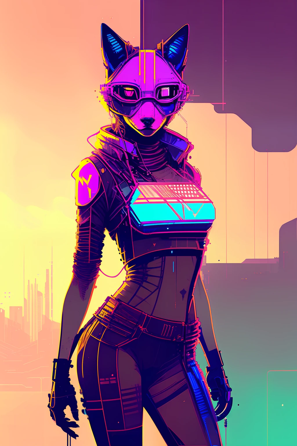 (nvinkpunk:1.2) (snthwve style:0.8) fox, anthro, lightwave, sunset, intricate, highly detailed, female