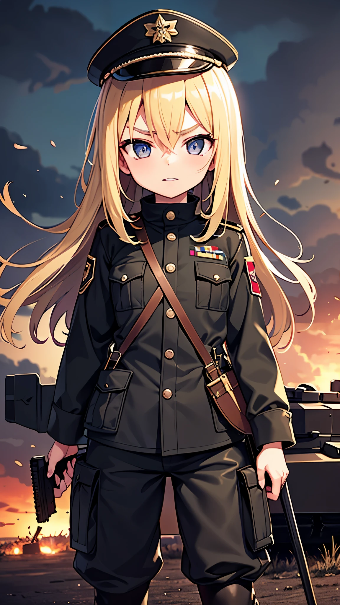 young girl, , upper body view, standing, skinny, flat chest, serious face, evil face, is wearing military uniform, is holding sniper rifle, sniper rifle visible, medium long hair, blonde hair, messy hair, hair blowing in wind, is wearing military officer hat, big pupils, looking through hair, hair between eyes, hairs over eyes, eyes visible through hair, evil eyes, wide eyes, starring eyes, detailed eyes, darks eyes, evil smile, thick eyebrows, blonde eyebrows, messy eyebrows, parted lips, battlefield background, military units in background, dark background, tanks in background, clouds in background, clouds lighting up from gun fire, masterpiece portrait, extreme detail, (character focus:1.4), highly detailed, 8k octane, HDR, ultra detailed, best quality, highest quality, realistic lighting, hyperdetailed
