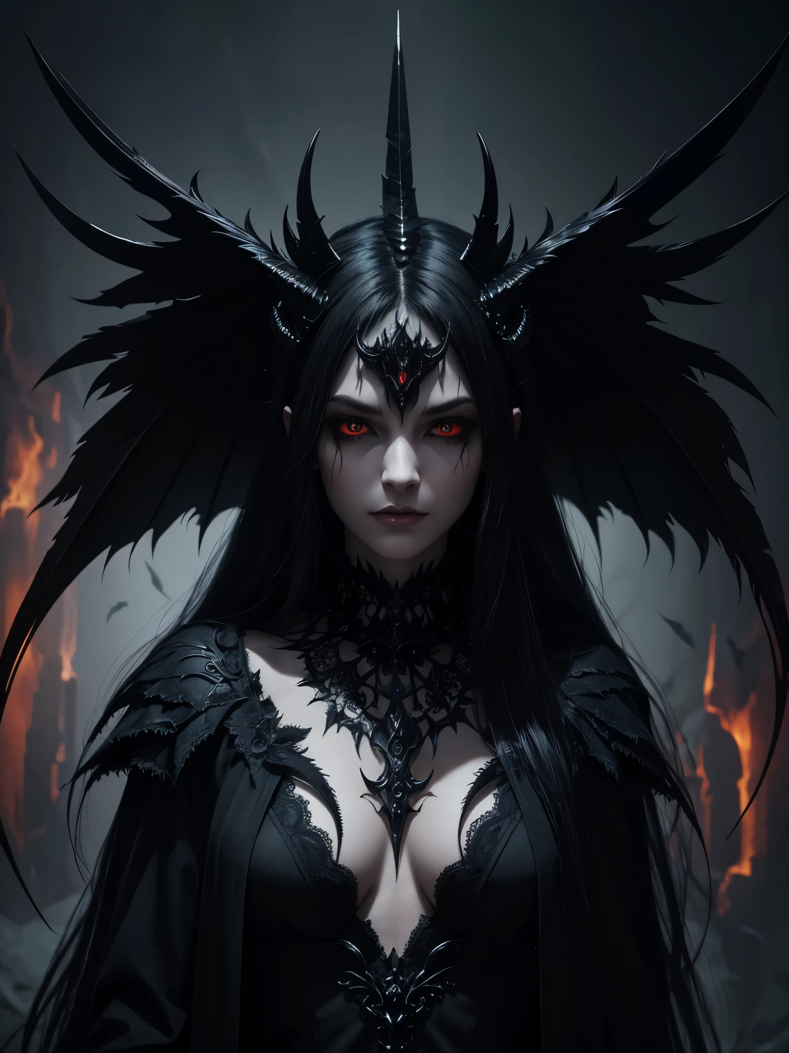 A darkly magnificent raven demon, cloaked in gothic allure, exudes an eerie beauty that transcends the shadows. Its sleek, obsidian feathers shimmer with a subtle sheen, contrasting sharply against blood-red eyes that seem to pierce the very soul. The image, possibly a digital painting, captures the creature in exquisite detail, showcasing intricate horned features and ethereal wisps of darkness engulfing its form. This haunting masterpiece is a testament to the artist's skill and ability to evoke a sense of otherworldly mystique.