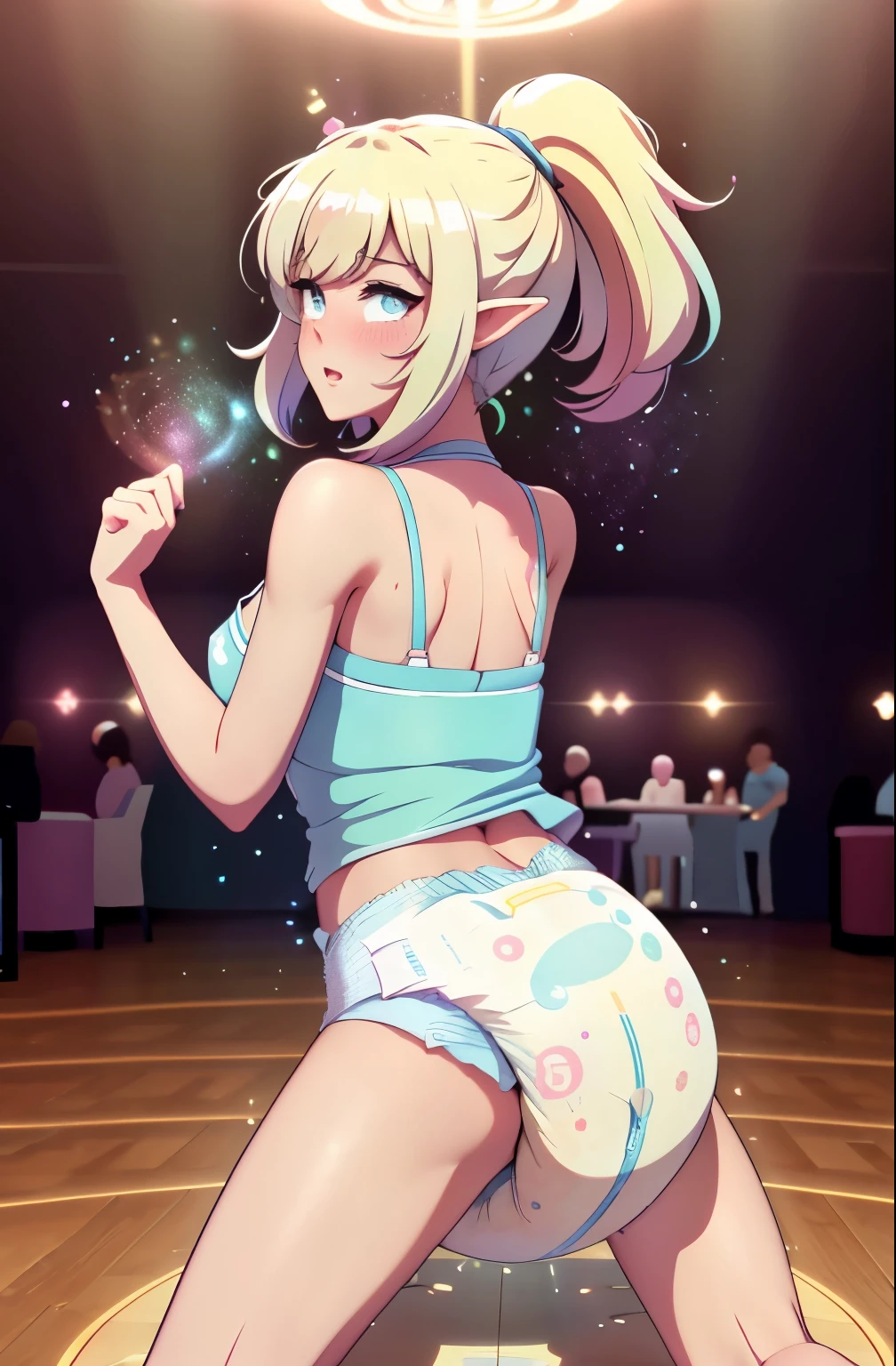 a beautiful elf woman standing in the center of a crowded dance floor, light blonde hair in a ponytail, beautiful blue eyes, white tank top, medium size breasts, big ass, wearing a (diaper), (Bulky Diaper), standing on a dance floor at a sorority party, foyer, embarrassed, magical, atmospheric, spotlight, dance floor, lights, center of attention on the dance floor, colorful lights, blushing, a Mommydom professor casting a spell on her