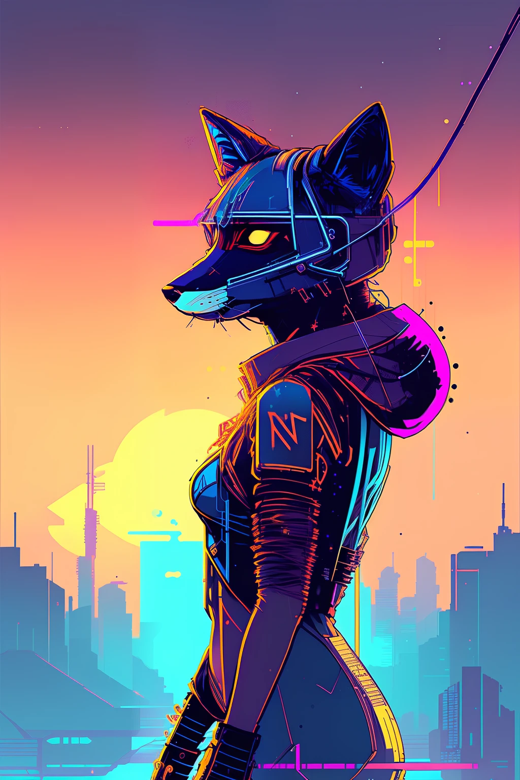 (nvinkpunk:1.2) (snthwve style:0.8) fox, anthro, lightwave, sunset, intricate, highly detailed, female