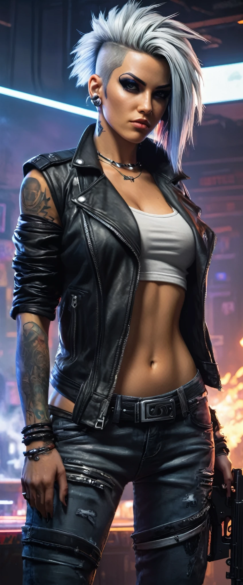 Cyberpunk 2020, Cyberpunk, young Rogue Amendiares from Cyberpunk, full shot, full body, stands in a feisty and defiant pose, stands back and looks over her shoulder at the viewer Perfect Face, Perfect body, leather jacket, white tank top , jeans, punks hairstyle, white and silver hair with colored highlights, dark makeup, tattoos, hold big gun in hand, the legend ,Afterlife bar Interior, INK, Splash Art, Sharp Focus, Smoke, Sparks, Painting Concept ART of Detailed Character, 4K, comic style, 