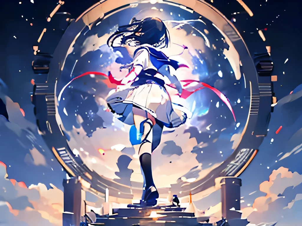highest quality、dawn、Wind景、null、high image度、school uniform、girl、whole body、feet、turn around、high image、Wind、夜null、light、bob、sailor suit、Shadow、eye、delicate