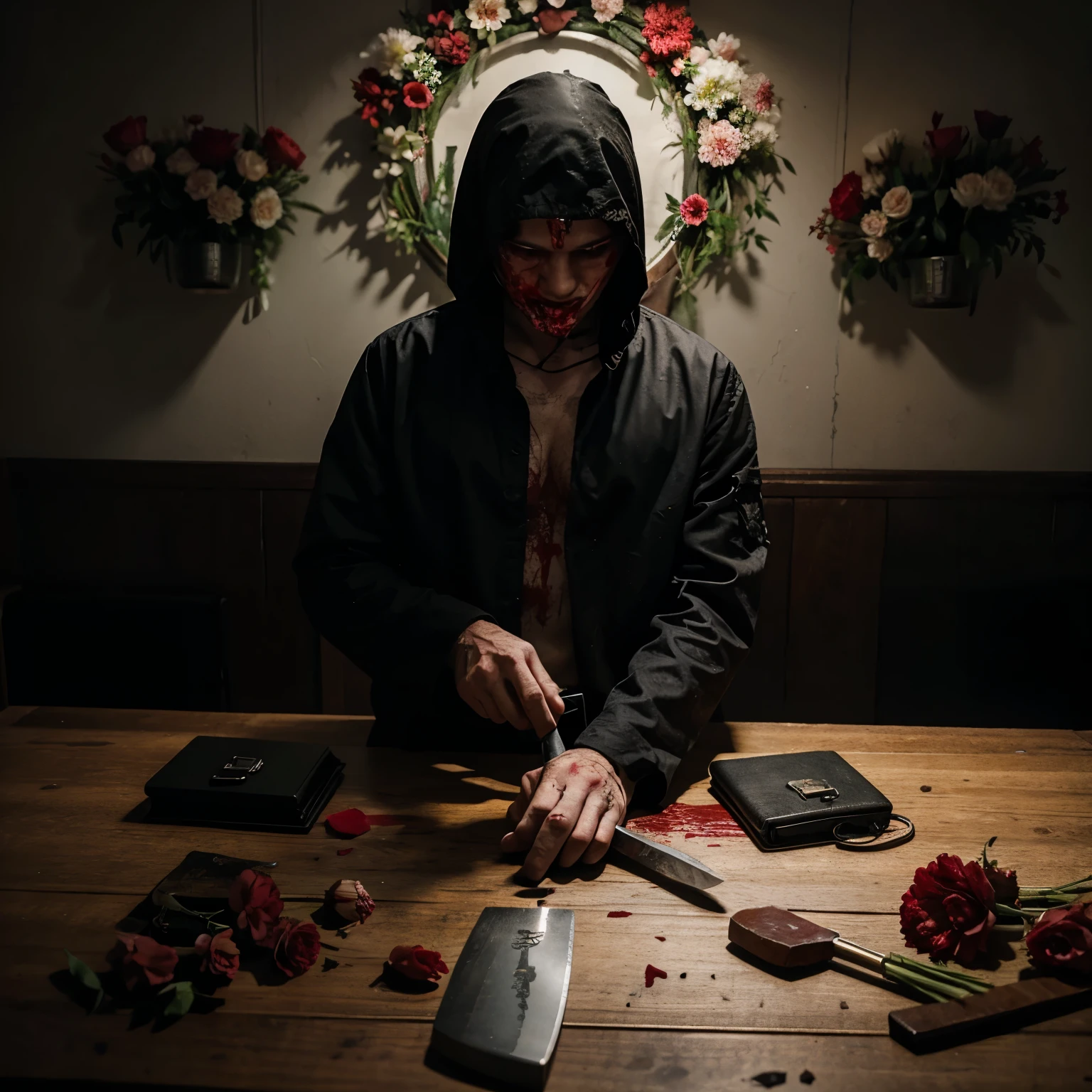 Serial killer with a knife and flowers fron slasher movie
