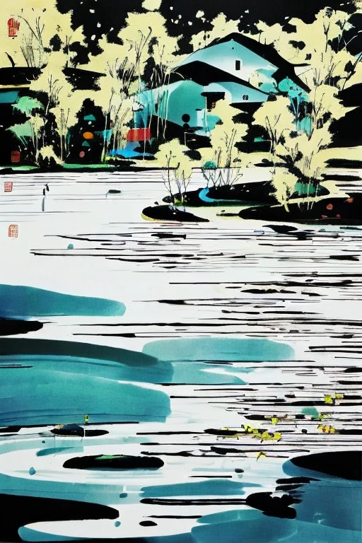 The lotus brush is simplified and has a large white space. It was inspired by Wu Guanzhong, who used his unique brushstrokes and style.,Bring natural scenery to life in a vivid and detailed way for a delicate and deep experience。 Wu Guanzhong's brushstrokes and style color blocks leave a large area of white space as the main tone is ink. (masterpiece), (best quality), (Ultra-high detail) Master's Works Chinese Brush Illustrations