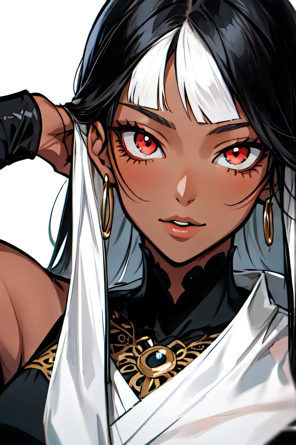 Anime Style Portrait of a sexy, dark-skin girl, with long Jet-black Hair, red eyes, dark-skinned, perfect composition, hyper-detailed, 8K, high quality, perfect eyes, trending art, trending on artstation, sharp focus, studio photo, intricate details, by Tite Kubo
