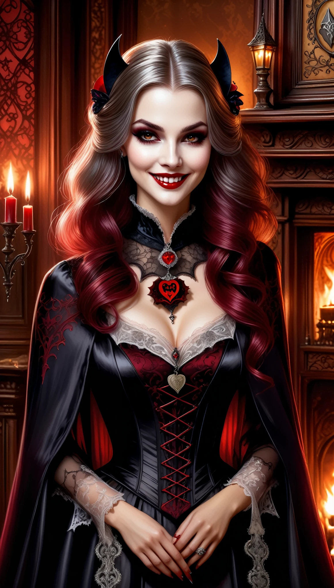 (Pencil sketch :1.2), (Ultra HD, realistic, intricate, masterpiece :1.2), a vampire princess dressed in luxurious silk with an old housekeeper, ubiquitous bat decorations, hair that covers half of the cheek, smiling lips with blood, a deep red eye gaze, a family badge, a cozy fireplace glow, romantic charm fused with Gothic mystery