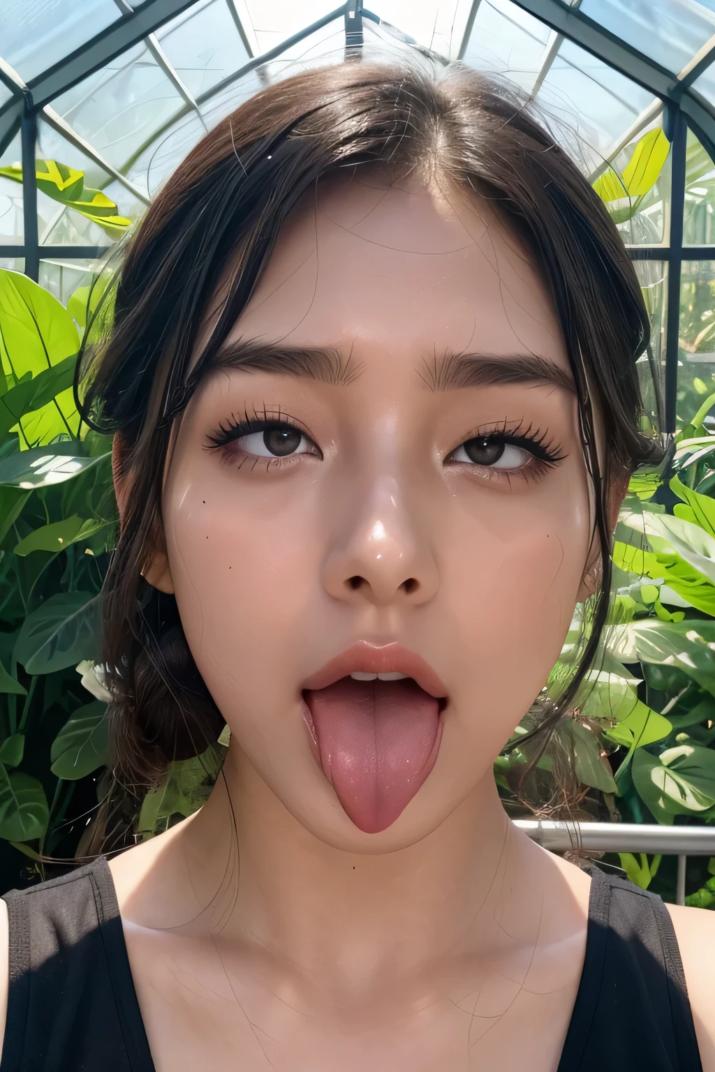 Taylor Hill、High resolution realistic photos,8k,realistic skin texture,to be born々new person,1 girl,table top,,Awards - Award-winning photos, very detailed, focus the eyes clearly, nose and mouth,face focus, woman with open mouth and closed eyes, black camisole、20-year-old,black haired、symmetrical face,realistic nostrils、angle from below、elongated C-shaped nostrils,((botanical garden,greenhouse,tropical plants))、sweaty skin、汗でglowing skinを強調する照明、((sharp nose))Skin shiny with sweat、shiny skin、sweaty hair、sunlight、(wrinkles between eyebrows)((frown))、deep kiss、((thin eyebrows))oily skin、glowing skin、double eyelid、wet and shiny tongue、tied hair、up hairstyle、head is raised,front,