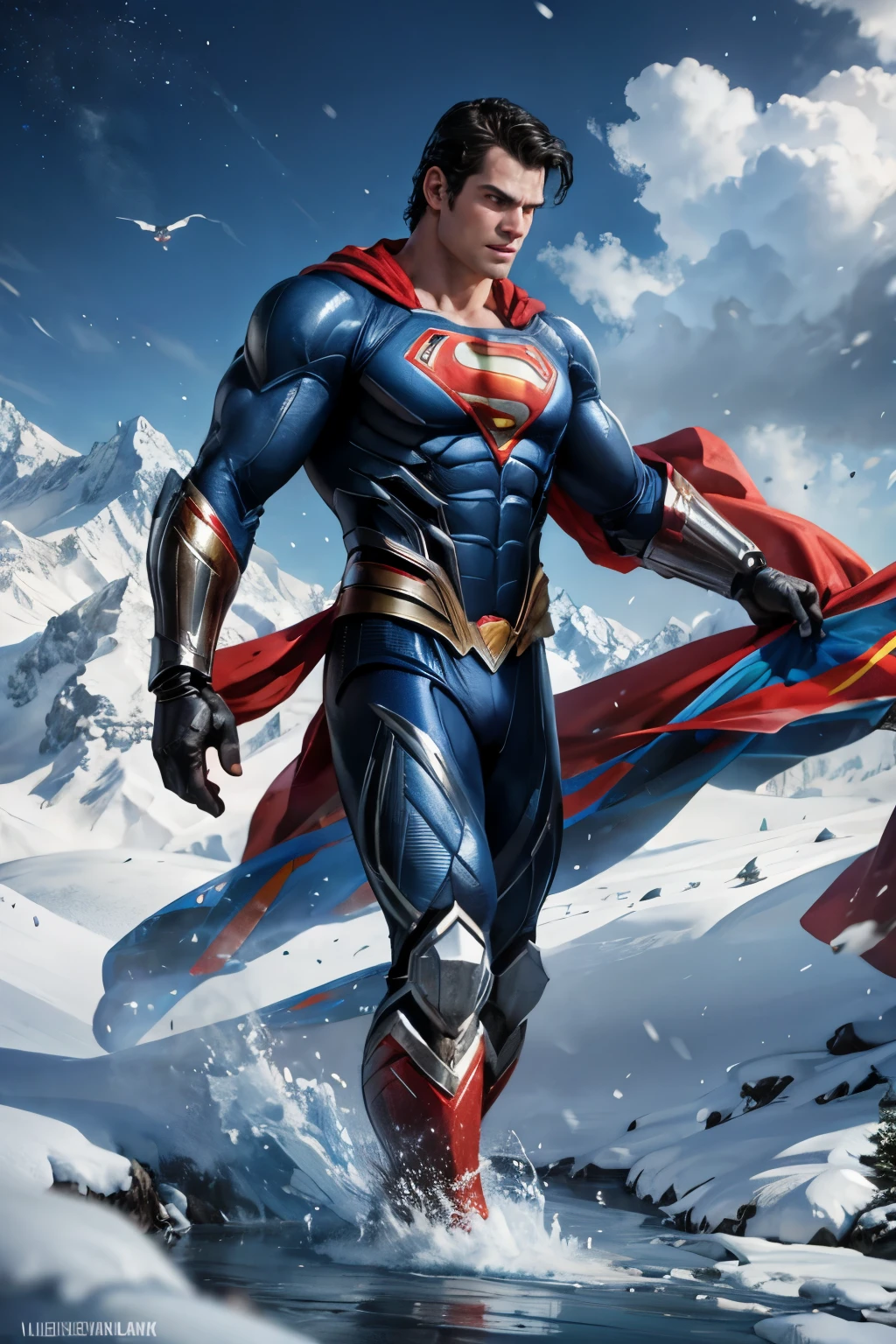 a close up of a superman standing in front of a snow, transformers cinematic universe, wojtek fus, hq 4k wallpaper, transformers : the last knight, in the movie transformers, thertrevkaiser, Henry Cavill as superman, artstation masterpiece, super robot, superman fused with optimus prime, japanese dc live-action movie, hd wallpaper, inspired by Zack Snyder, Henry Cavil so handsome, snow suit