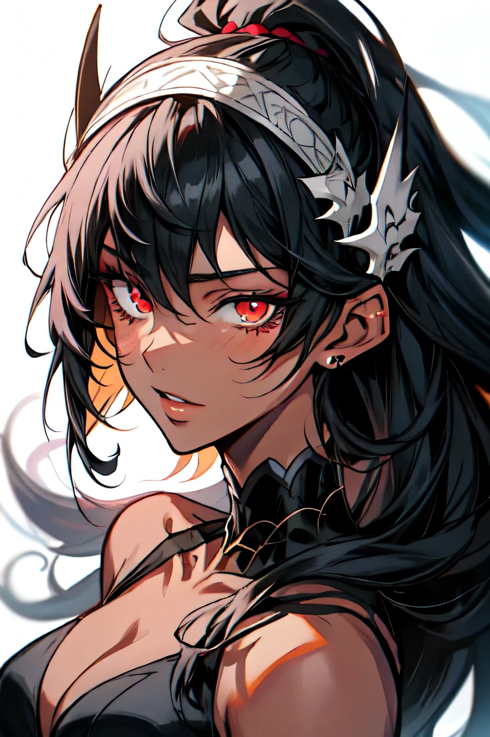 Anime Style Portrait of a sexy, dark-skin girl, with long Jet-black Hair, red eyes, dark-skinned, perfect composition, hyper-detailed, 8K, high quality, perfect eyes, trending art, trending on artstation, sharp focus, studio photo, intricate details, by Tite Kubo