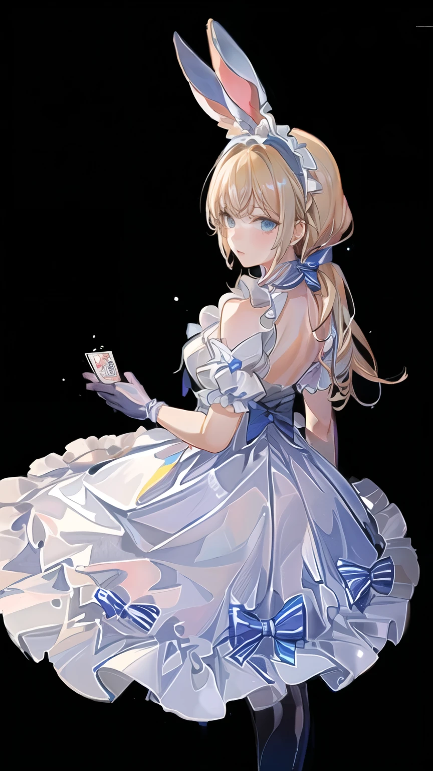 (Beautiful detailed eye movie lighting, gray hair, blue eyes, long blonde hair, curly hair, roman curl, puff sleeves, frills, shining eyes, (irradiated particles), cloudyラッパー, alice in wonderland, blue eyes, light blue dress, cane, dramatic composition, extreme details, High resolution, Mr.. Rabbit, White Rabbit, pocket watch, playing cards flying in the air, ta dress, blue and white striped stockings, bow, look at the camera, Socks with frills, pearl necklace, lace gloves, Large bow Headdress, ribbon, jumping, fall, float, cloudy, starry sky, dream-like
