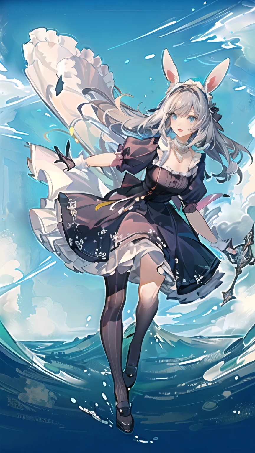 (Beautiful detailed eye movie lighting, gray hair, blue eyes, long blonde hair, curly hair, roman curl, puff sleeves, frills, shining eyes, (irradiated particles), cloudyラッパー, alice in wonderland, blue eyes, light blue dress, cane, dramatic composition, extreme details, High resolution, Mr.. Rabbit, White Rabbit, pocket watch, playing cards flying in the air, lolita dress, blue and white striped stockings, bow, look at the camera, Socks with frills, pearl necklace, lace gloves, Large bow Headdress, ribbon, jumping, fall, float, cloudy, starry sky, dream-like