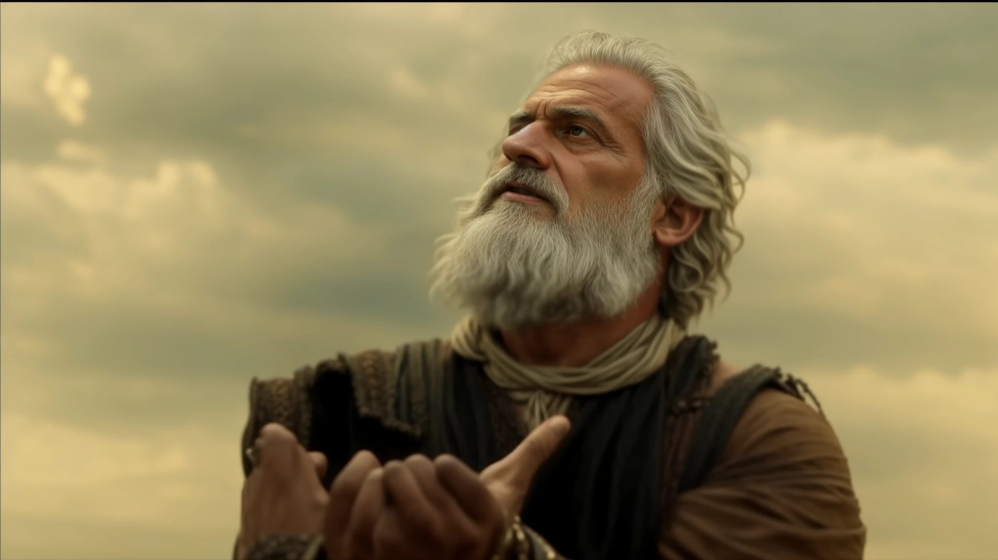 a close up of a man with a beard and a cell phone, he has a beard and graying hair, archimedes, biblical epic movie, moses, still from a fantasy movie, nicodemus, screenshot from a movie, still from a ridley scott movie, still from a live action movie, film still from god of war, film still dnd movie