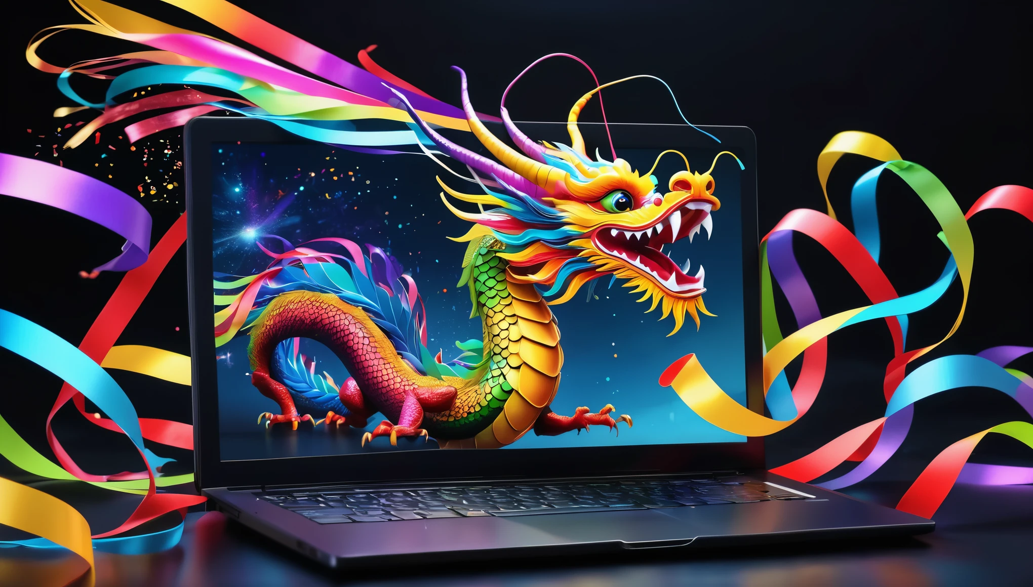 A colorful Chinese dragon flies out of a black laptop screen，Colorful streamers around，Delicate picture，Exquisite details，4k HD