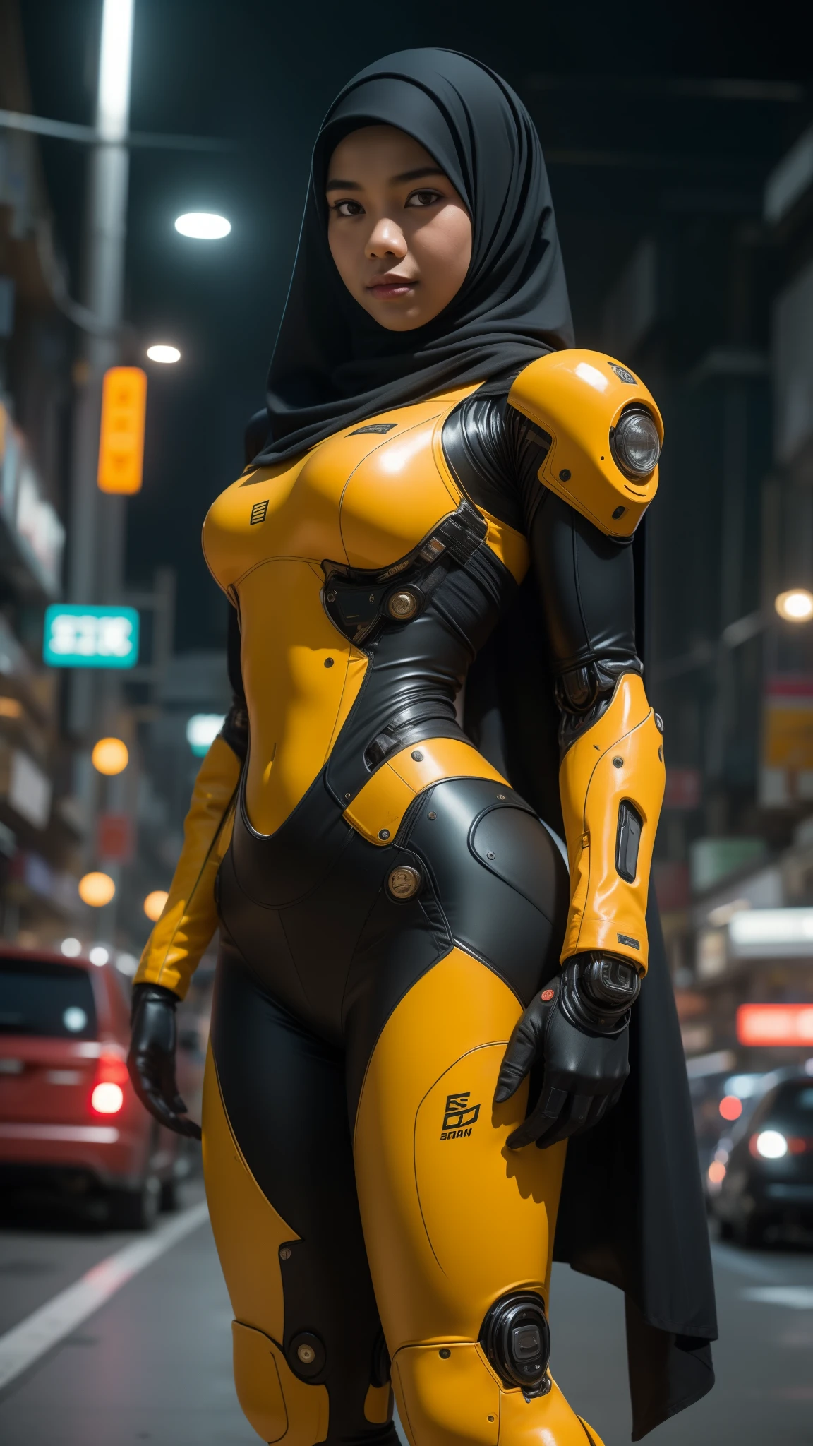 a Malay  girl in hijab and mecha suit standing in action pose in front of bustling Kuala Lumpur Malaysia city streets, serious face, beautiful body, nighttime, 35mm lens, Extreme close-up, pastel color grading, depth of field cinematography effect, film noir genre, 8k resolution, high quality, ultra detail.