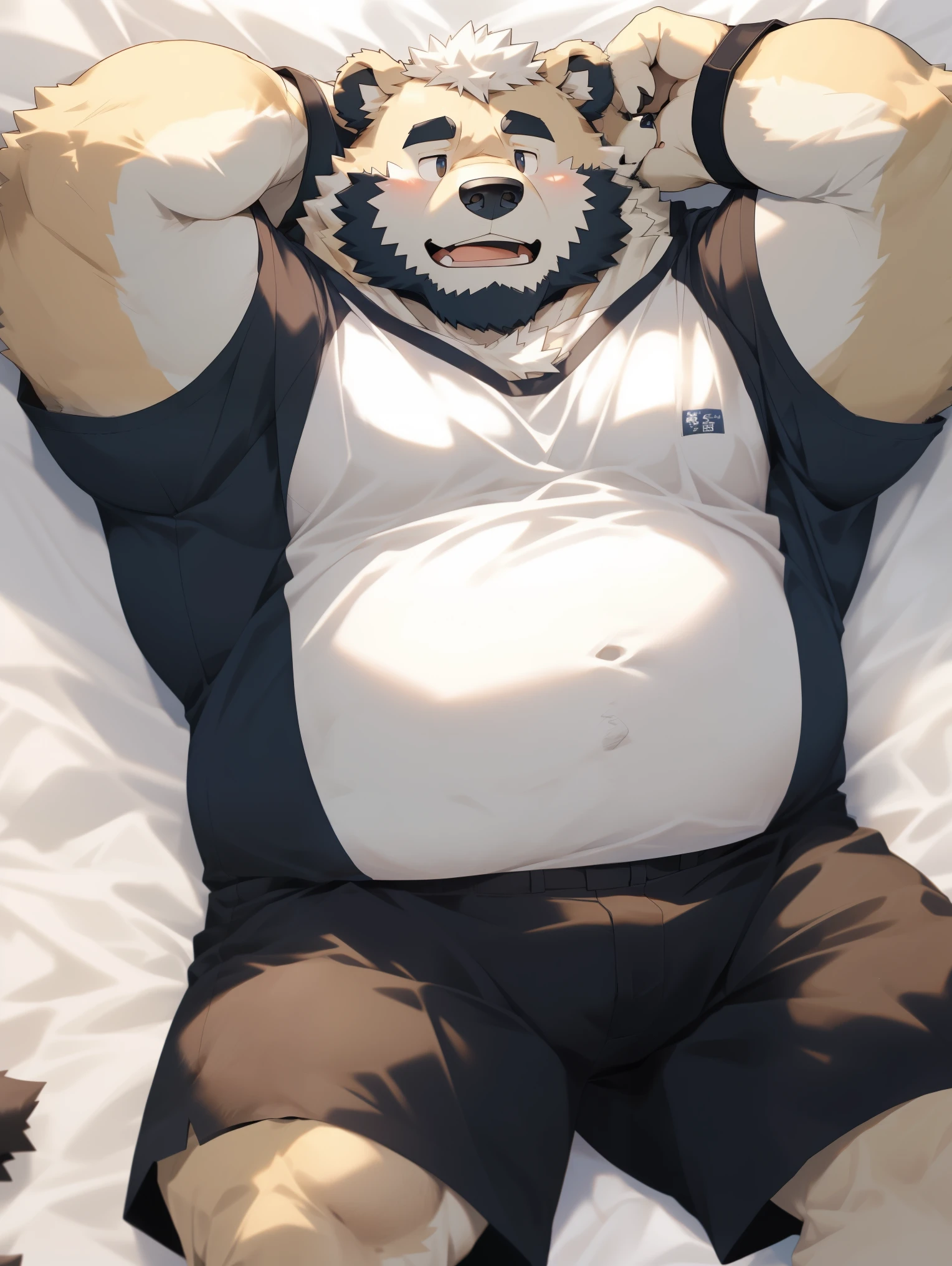hairy,(Bear,white fur,light fur,light fur,White short sleeves,black shorts,)Lying in bed,lie flat,lie completely flat,cute expression,obvious secondary sexual characteristics,round belly,Slightly fat,white sheets,极其lifelike阴影,masterpiece,Very detailed,lifelike
