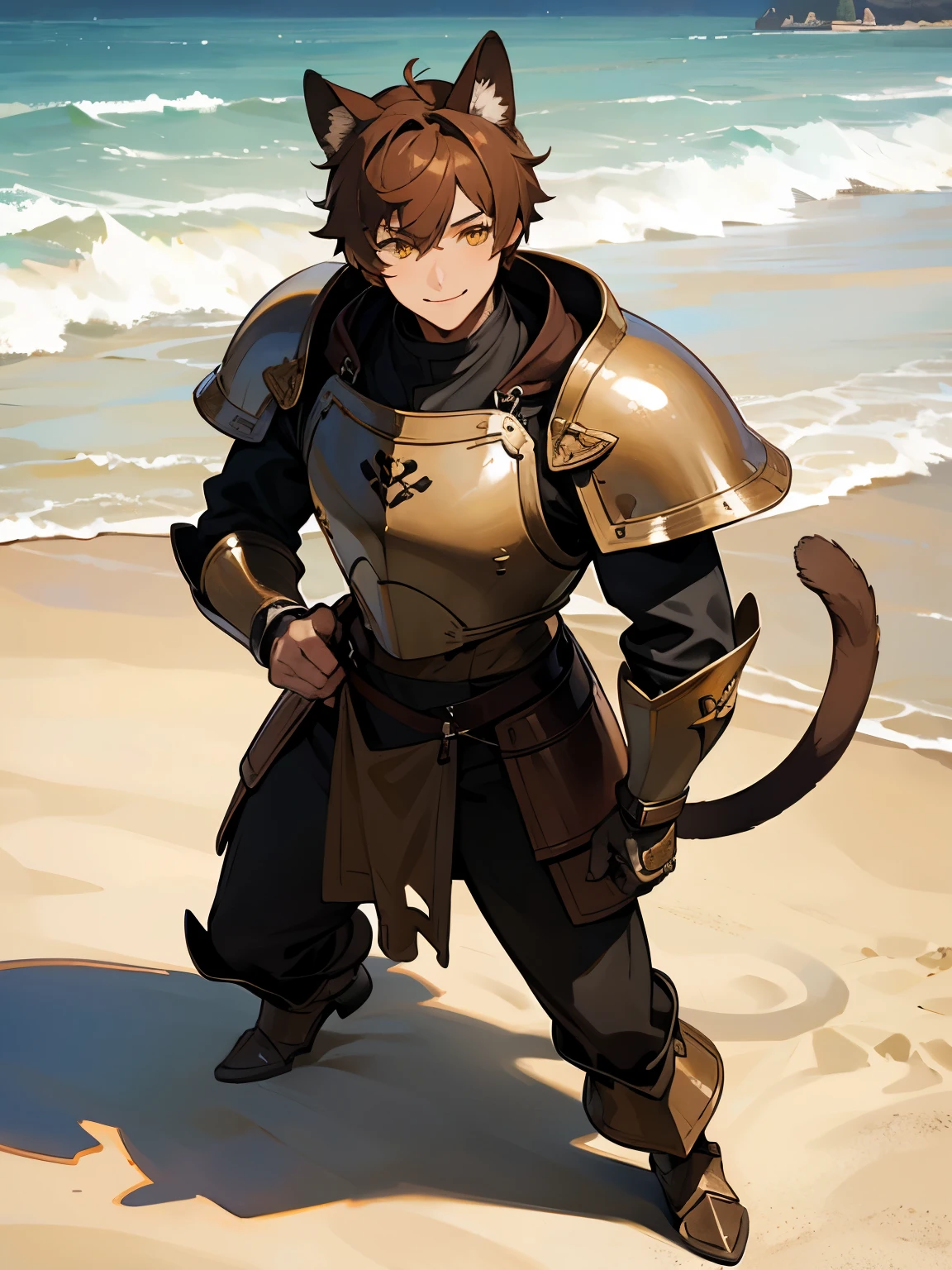 1male, brown hair, yellow eyes, detailed face, smile, brown cat ears, brown cat tail, medieval, beach background, full body, leather armor