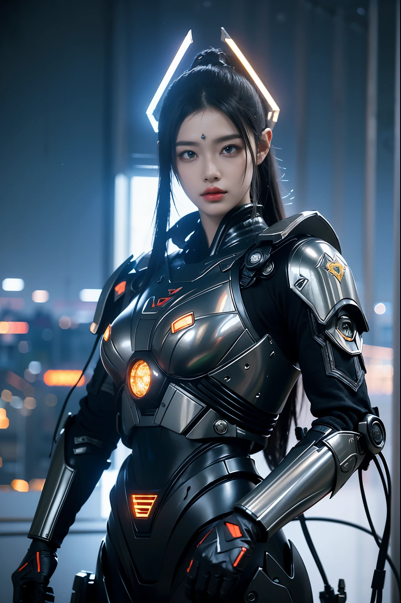 game art，best picture quality，Highest resolution，8k，((A half-length photo))，((portrait))，(rule of thirds)，Unreal Engine 5 rendering works， (Future girl)，(female warrior)， 22-year-old young hacker)，(ancient oriental hairstyle)，(Beautiful eyes full of details)，(big breasts)，(eye shadow)，Elegant and charming，indifferent，((frown))，(A battle suit full of futuristic technology，The costume combines futuristic power armor and，Clothing is decorated with glittering patterns and emblems)，cyberpunk characters，in the style of futuristic， photo poses，city background，lamp，Ray tracing，Game CG，((3D Unreal Engine))，OC rendering reflection pattern