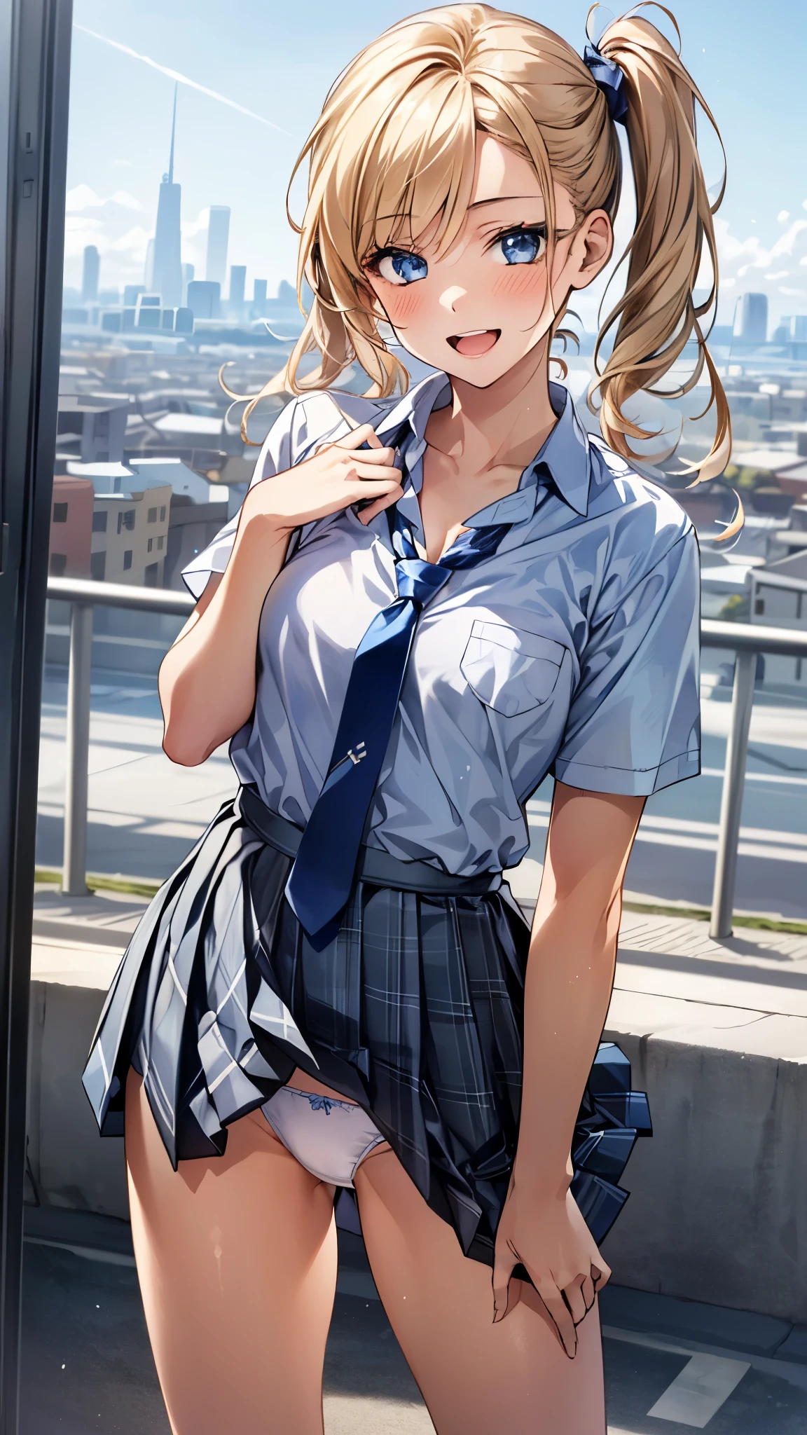 (masterpiece:1.3, top-quality, ultra high res, ultra detailed), (realistic:1.1, photorealistic:1.4), beautiful illustration, perfect lighting, colorful, depth of fields,
beautiful detailed hair, beautiful detailed face, beautiful detailed eyes, beautiful clavicle, beautiful body, beautiful chest, beautiful thigh, beautiful legs, beautiful fingers,
looking at viewer, 1 girl, japanese, high school girl, perfect face, (perfect anatomy, anatomically correct), cute and symmetrical face, face, suntan, shiny skin,
(middle hair:1.5, twintails:1.2, blonde hair), asymmetrical bangs, blue eyes, small eyes, long eye lasher, (medium breasts), slender,
((collared short sleeve shirt, light blue shirt, school uniform, grey plaid pleated skirt, navy tie)), light blue panties,
(beautiful scenery), evening, (outdoors, cityscape in the distance), standing, hands on chest, (lovely smile, upper eyes, open mouth),