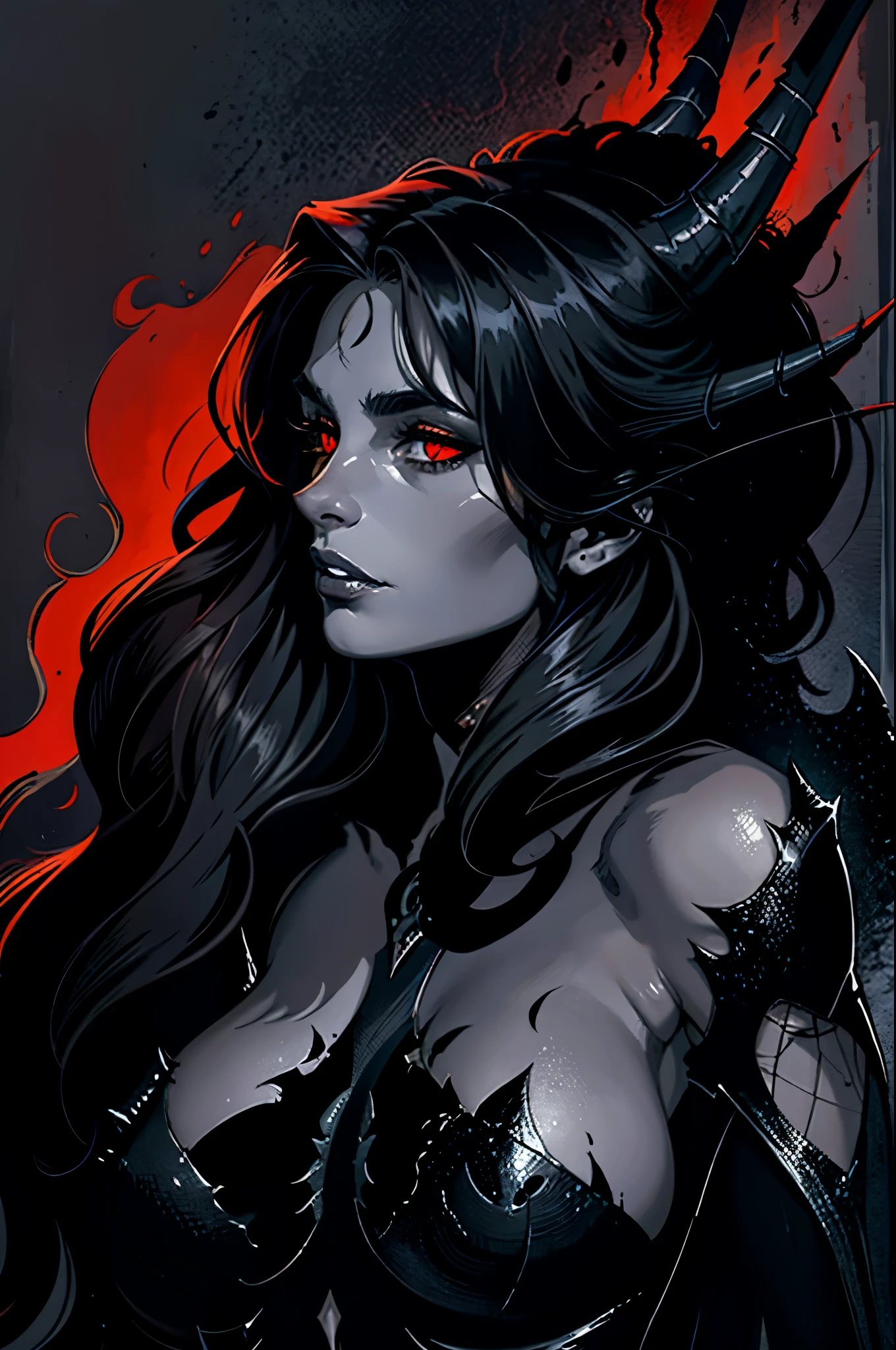 A darkly magnificent raven demon, cloaked in gothic allure, exudes an eerie beauty that transcends the shadows. Its sleek, obsidian feathers shimmer with a subtle sheen, contrasting sharply against blood-red eyes that seem to pierce the very soul. The image, possibly a digital painting, captures the creature in exquisite detail, showcasing intricate horned features and ethereal wisps of darkness engulfing its form. This haunting masterpiece is a testament to the artist's skill and ability to evoke a sense of otherworldly mystique.