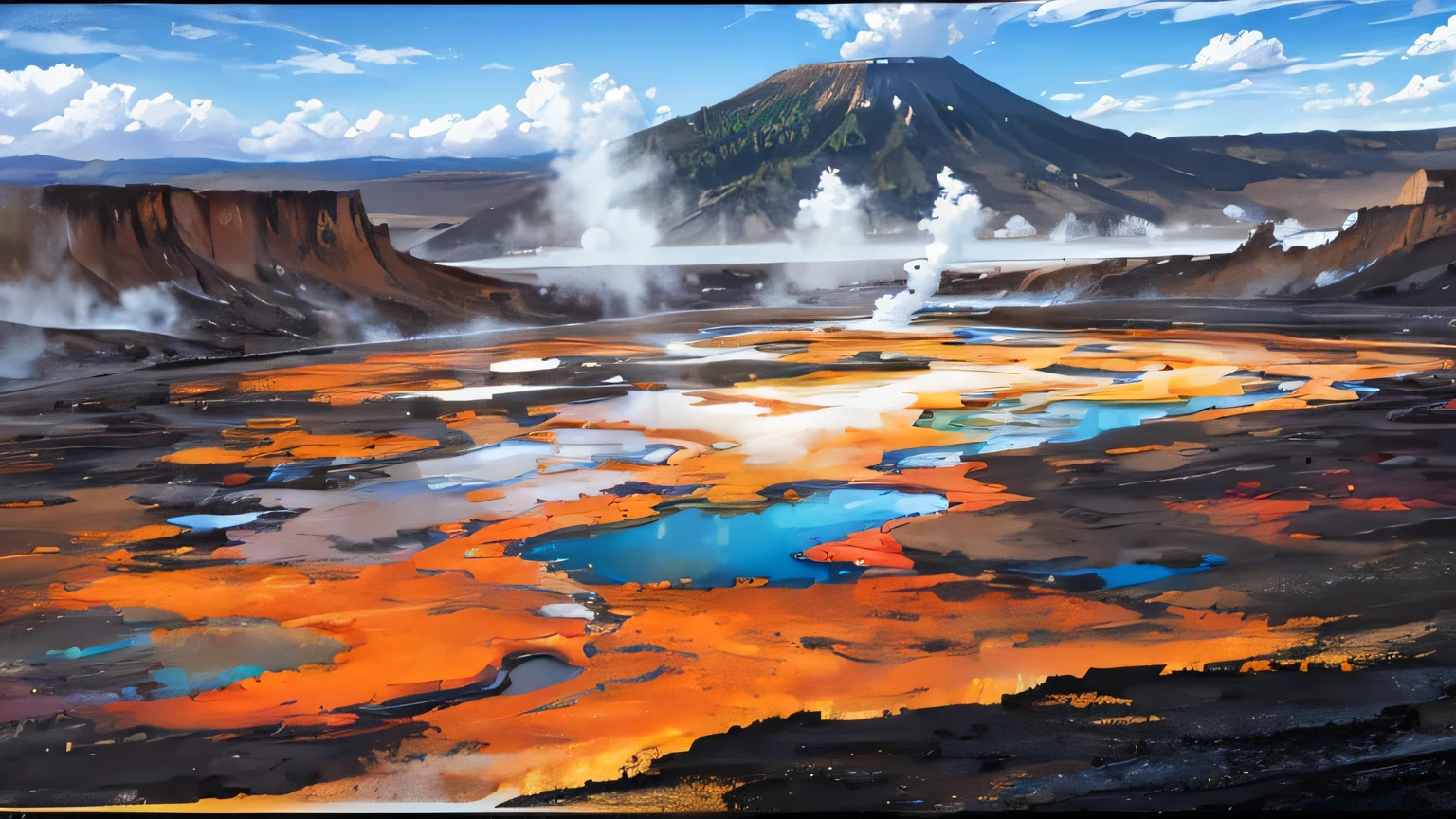 volcanic landscape, acid water pools, Parque Yellowstone, Danakil Depression, arte digital, Arte estilo anime, arte digital, obra de arte.