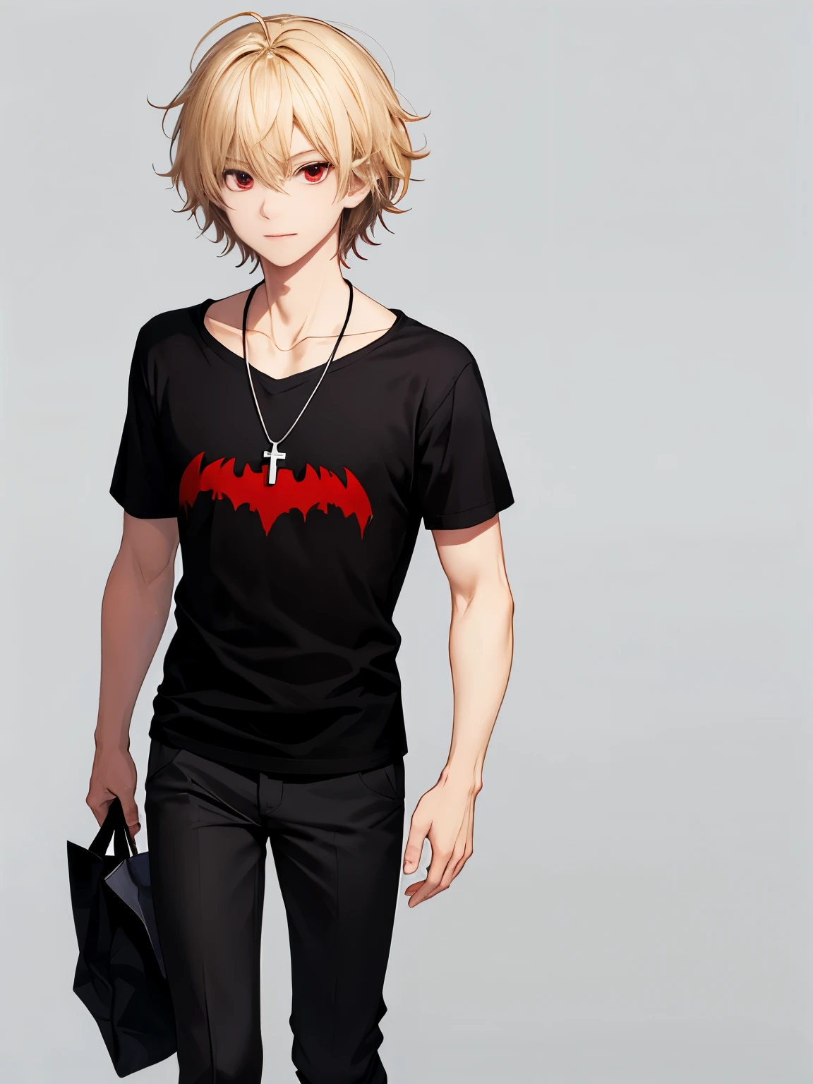 1 man,solo,20 years old,Walking,Holding a big black bag,full body photo,HD face,cross necklace,handsome,messy hair,Perfect face, detailed face, short hair, blonde hair,black t-shirt, Plain t-shirt,black t-shirt,short sleeve t-shirt,black trousers, Long pants,red eyes,bright red eyes, vampire