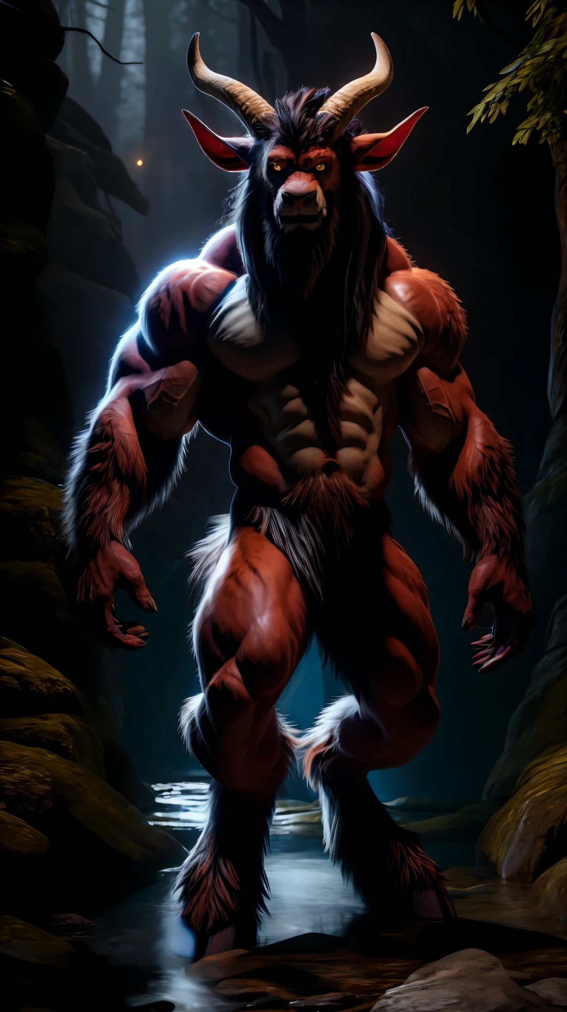 A faun man in the forest, satyr, man, fantasy(masterpiece, best quality, photorealistic, detailed shiny skin:1.2), flawless, 8k, RAW, highres, (dark night:1.1), goat legs, furr legs, hooved, goat horns, beard, long black hair, looking at viewer, cinematic, dark background, medieval, muscles, open ches5, fantasy, (absurdes), attractive, long blonde hair, golden eyes, sexy
