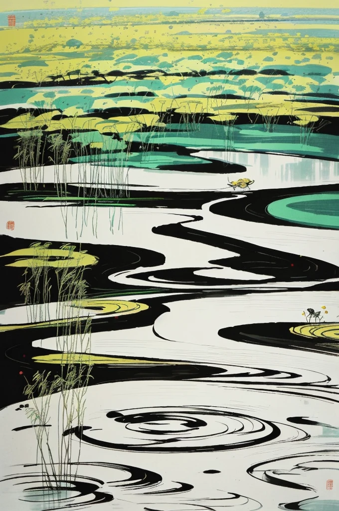 The lotus brush is simplified and has a large white space. It was inspired by Wu Guanzhong, who used his unique brushstrokes and style.,Bring natural scenery to life in a vivid and detailed way for a delicate and deep experience。 Wu Guanzhong's brushstrokes and style color blocks leave a large area of white space as the main tone is ink. (masterpiece), (best quality), (Ultra-high detail) Master's Works Chinese Brush Illustrations
