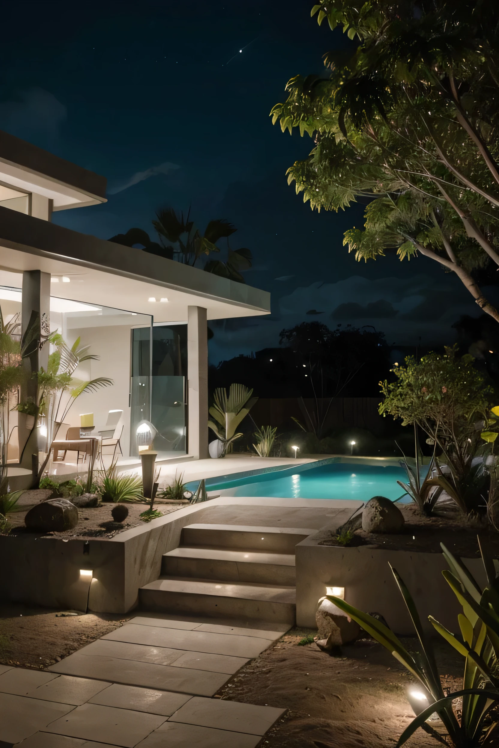 foto cruda, Naturaleza, epic futuristic, Luz , CRUDO, HDR,parado en la colina, piel natural, 8k UHD, alta calidad, film grain, Fujifilm XT3, cinematographic, pizarra gris, dramatic light, arquitectura, villa, luces amarillas, gran puerta corredera de cristal, Casa moderna, casa Blanca , palmera, Bali, Complejo, sea view, Escaleras a la casa hechas de piedra., con luces led, grass,patio delantero pavimentado