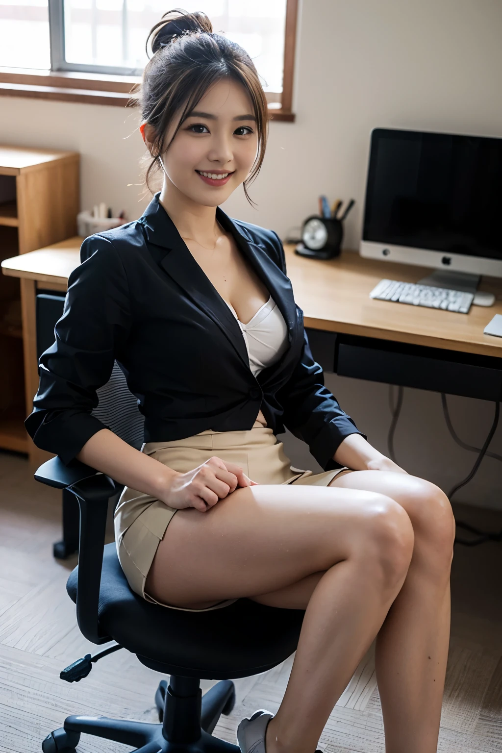 table top, highest quality, 超A high resolution,(photo-realistic:1.4) (Depth of the bounds written),(lens glow) ,18 ～ Random age between 35 years, Jacket、blouse:1.5、office room:1.5、beautiful japanese woman:1.5、Random hairstyles for short hair or updo、company employee、sexy ass、sit on a chair、smile、Tight Skirt:1.5、sexy thighs:1.5、Beautiful legs with bare skin、Full body shot、cleavage、Fair skin、multiple moles、Display the age number in small size on the desk