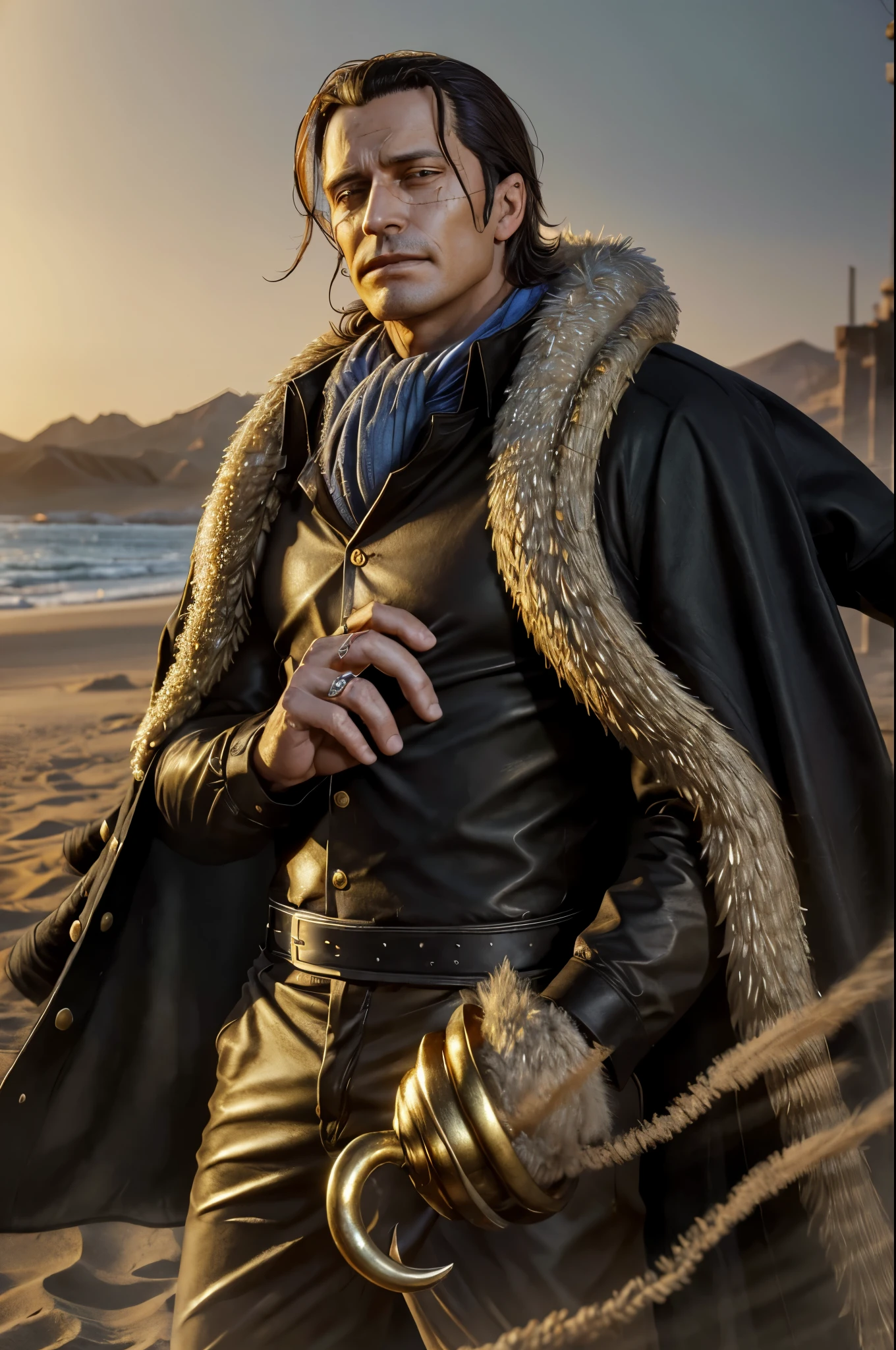 masterpiece, best quality, extremely detailed, hyperrealistic, photorealistic, a cool 40s man, fur-trimmed coat, scarf around the neck, ultra detailed face, his left hand is a golden pirate hook:1.1, dust-effect:1.1, sand