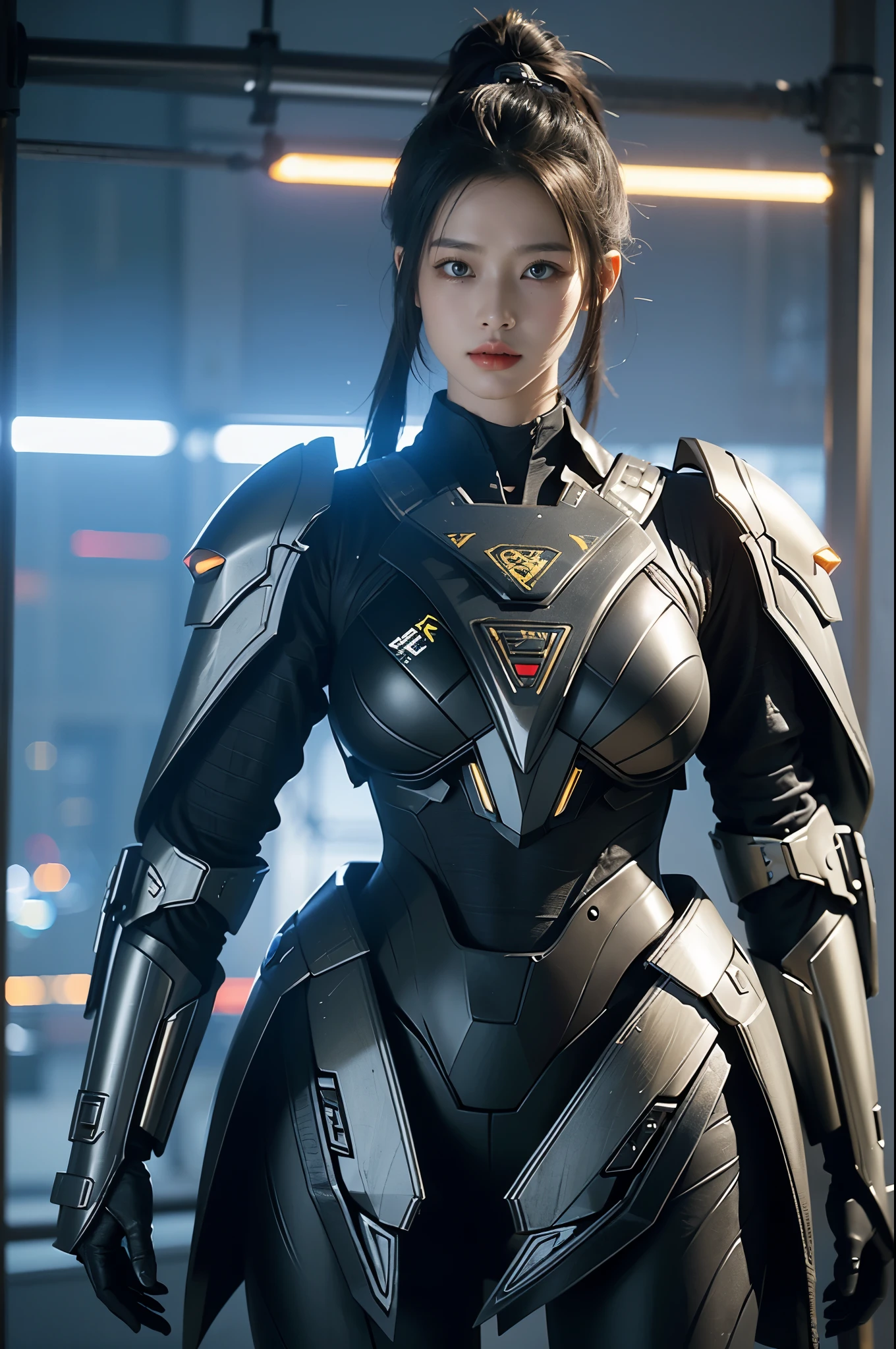 game art，best picture quality，Highest resolution，8k，((A half-length photo))，((portrait))，(rule of thirds)，Unreal Engine 5 rendering works， (Future girl)，(female warrior)， 22-year-old young hacker)，(ancient oriental hairstyle)，(Beautiful eyes full of details)，(big breasts)，(eye shadow)，Elegant and charming，indifferent，((frown))，(A battle suit full of futuristic technology，The costume combines futuristic power armor and，Clothing is decorated with glittering patterns and emblems)，cyberpunk characters，in the style of futuristic， photo poses，city background，lamp，Ray tracing，Game CG，((3D Unreal Engine))，OC rendering reflection pattern