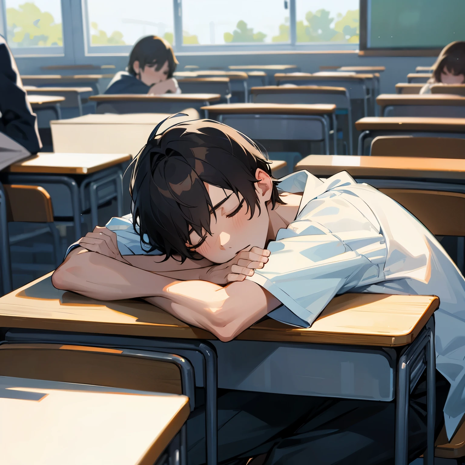 20 year guy sleeping in classroom with crowded students