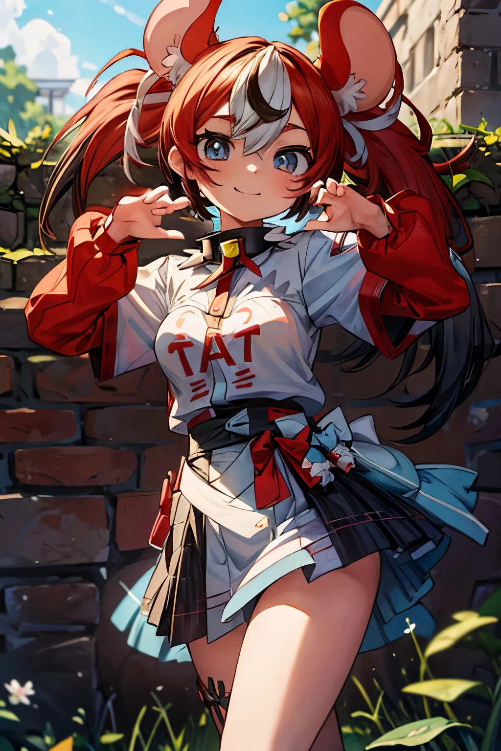 ((masterpiece)), ((Masterpiece)), (Anime:1.3), ((best quality)), (RAW photo: 1.2), (High Definition:1.3), (Professional Photography:1.2), ((HakosBaelz)),1 girl, (Beautiful eyes), twintails, Bright smile, (claw pose), (medium breast), Colorful hair, Big eyes, (BaelzBase), spiked collar, BREAK, ((Masterpiece)), ((best quality)), (against the block wall:1.3),
