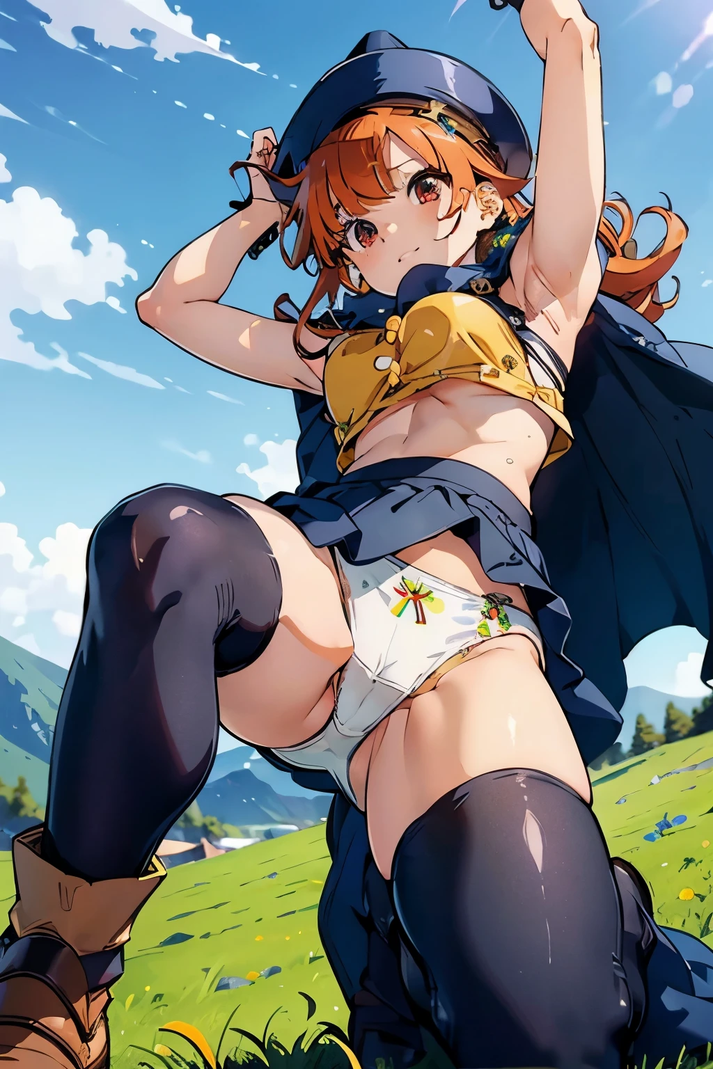 1 girl、High resolution、masterpiece、(Arena-DQ4、DQ4-Arena、orange hair)、smile、thin、muscular、thin太もも、tits、outdoors、grassland、Grass grows、((((white panties with detailed decorations))))、(navy blue hat、cape、skirt、dress)、boots、shot of her from below、Photographed from a low position、(black tights)、Zoom-up of the crotch