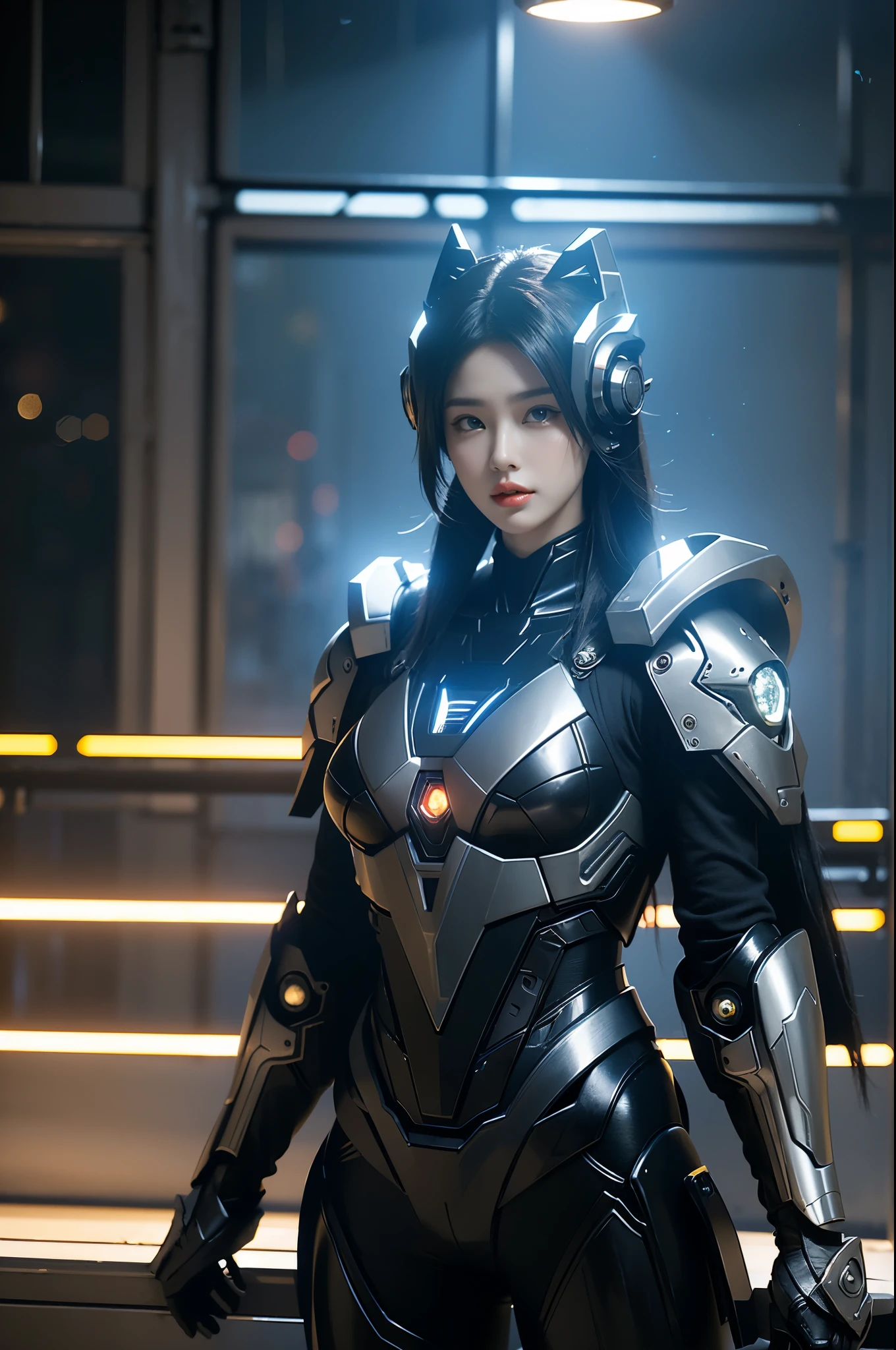 game art,best picture quality,Highest resolution,8k,((A half-length photo)),((portrait)),(rule of thirds),Unreal Engine 5 rendering works, (Future girl),(female warrior), 22-year-old young hacker),(ancient oriental hairstyle),(Beautiful eyes full of details),(big breasts),(eye shadow),Elegant and charming,indifferent,((frown)),(A battle suit full of futuristic technology,The costume combines futuristic power armor and,Clothing is decorated with glittering patterns and emblems),cyberpunk characters,in the style of futuristic, lamp,Ray tracing,Game CG,((3D Unreal Engine)),OC rendering reflection pattern