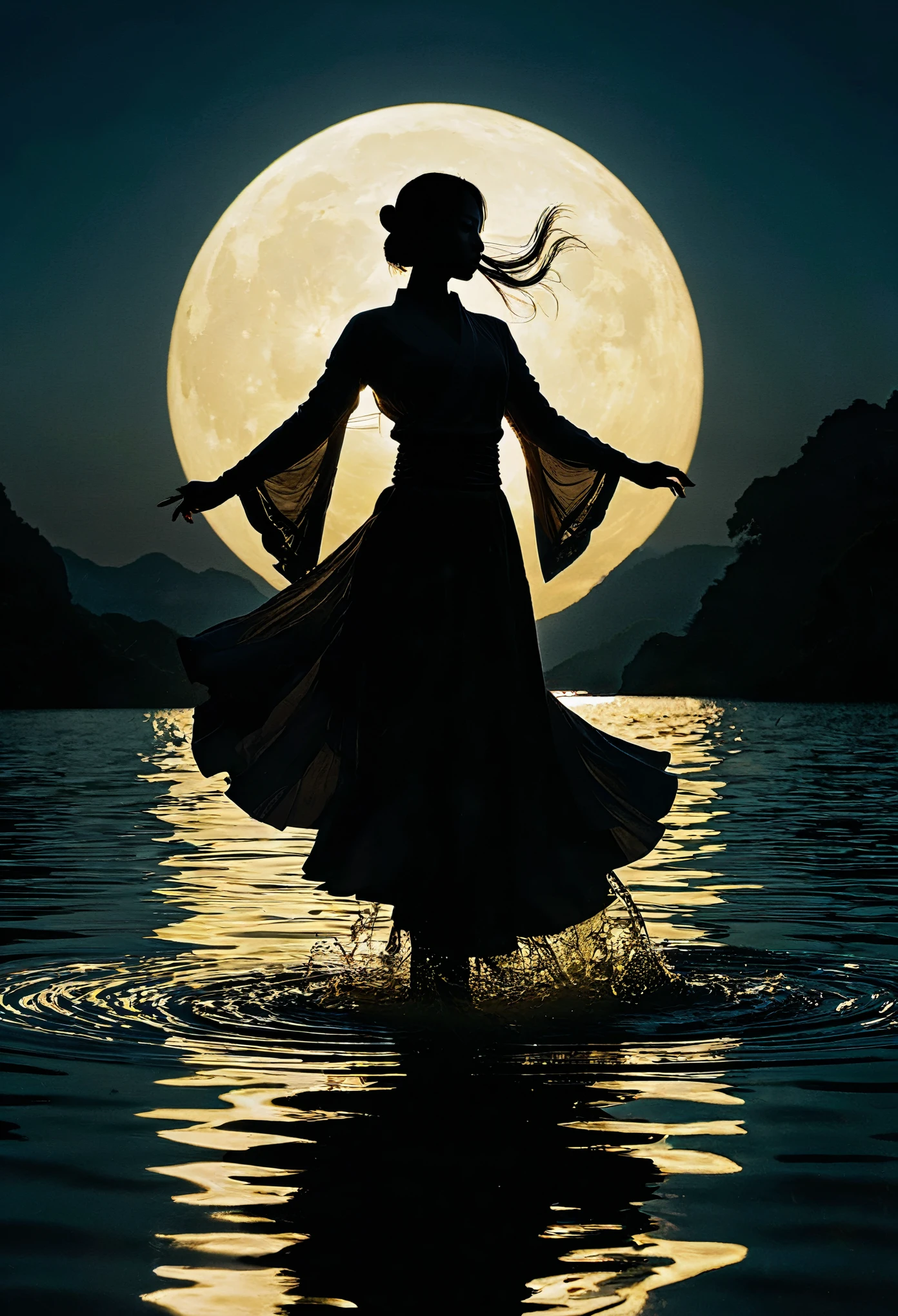 (纯Black silhouette,Heroine silhouette:1.5),(Fighting posture，strong dyna pose:1.4),on  the lake，high contrast, movie lighting, Enigmatic Atmosphere,，lotus flower，Lotus leaf，corrugation，(water splash;1.4)，a moon，dyna，martial arts，Kungfu，Black silhouette，Extreme backlight shooting,Photo showing Black silhouette(No color or detail),Creates strong contrast with bright background