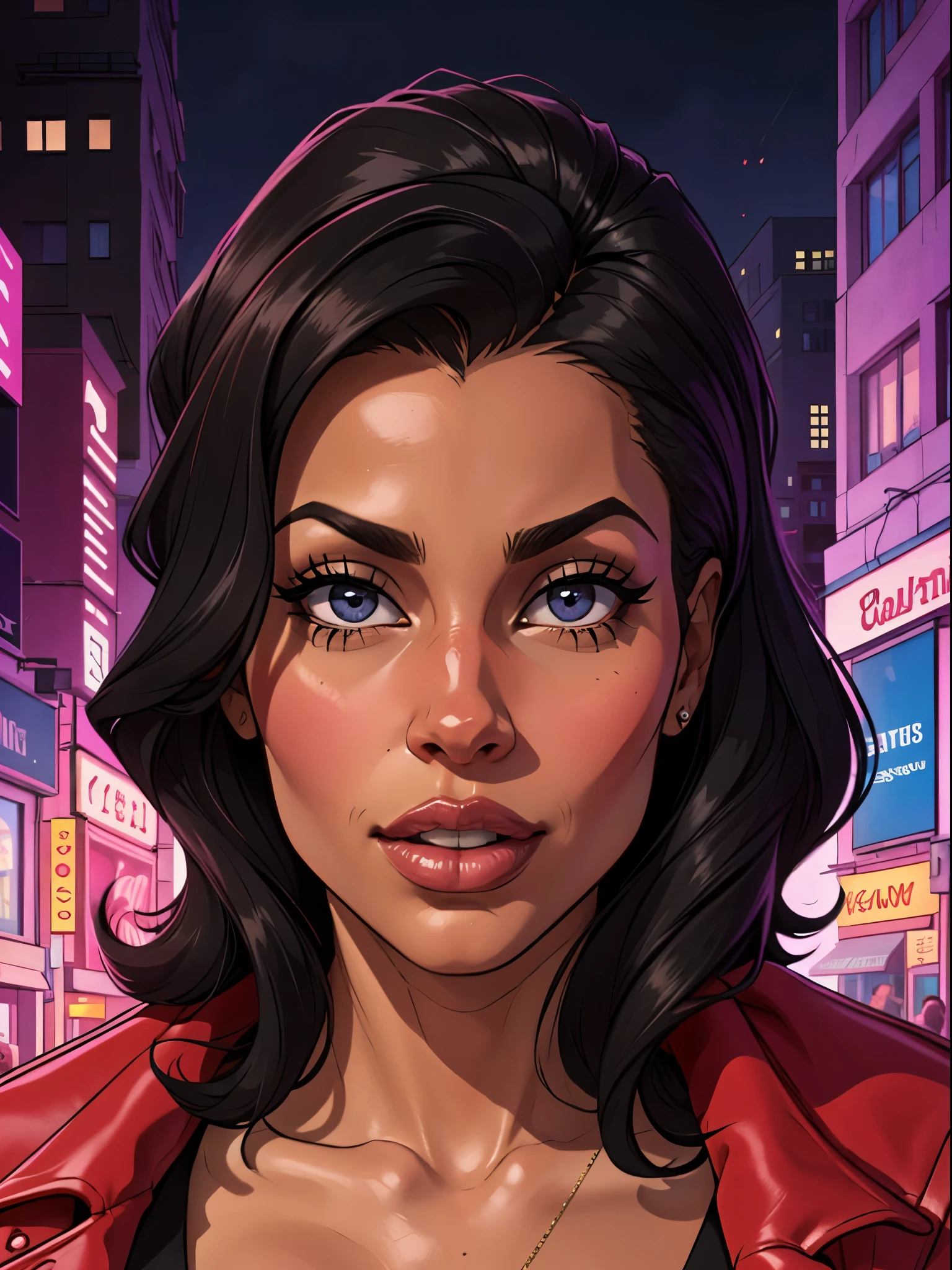 Middle aged stepmom, milf, dark skin, black woman, portrait, highly detailed, modern urban style, city backdrop, direct gaze, defined contours." valentines day theme