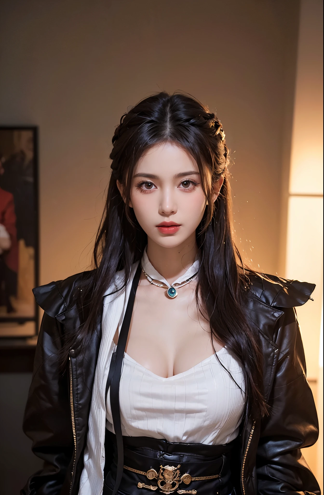 1 Beautiful woman, 20 years old, shiny black hair, pale white skin (realistic skin details, realistic skin), bright red eyes (very detailed and vivid eyes), red lips, makeup, necklace, earrings, choker, accessories, perfect body , perfectly round butt, very tight white dress, black open jacket, cleavage, looking at viewer, sexy pose, mayumi saegusa, (masterpiece), (photorealistic), (8K), (realistic lighting),