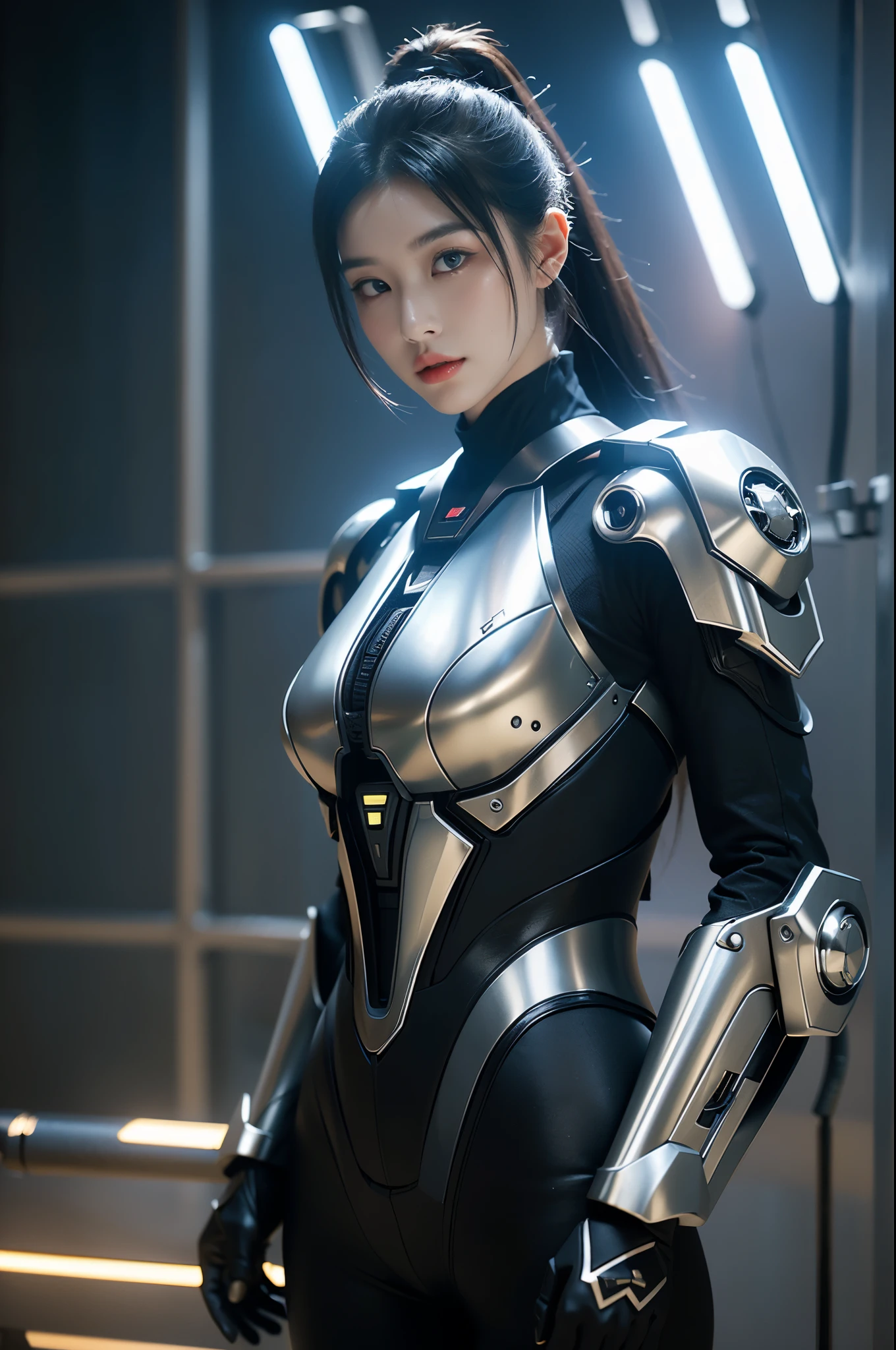 game art,best picture quality,Highest resolution,8k,((A half-length photo)),((portrait)),(rule of thirds),Unreal Engine 5 rendering works, (Future girl),(female warrior), 22-year-old young hacker),(ancient oriental hairstyle),(Beautiful eyes full of details),(big breasts),(eye shadow),Elegant and charming,indifferent,((frown)),(A battle suit full of futuristic technology,The costume combines futuristic power armor and,Clothing is decorated with glittering patterns and emblems),cyberpunk characters,in the style of futuristic, lamp,Ray tracing,Game CG,((3D Unreal Engine)),OC rendering reflection pattern