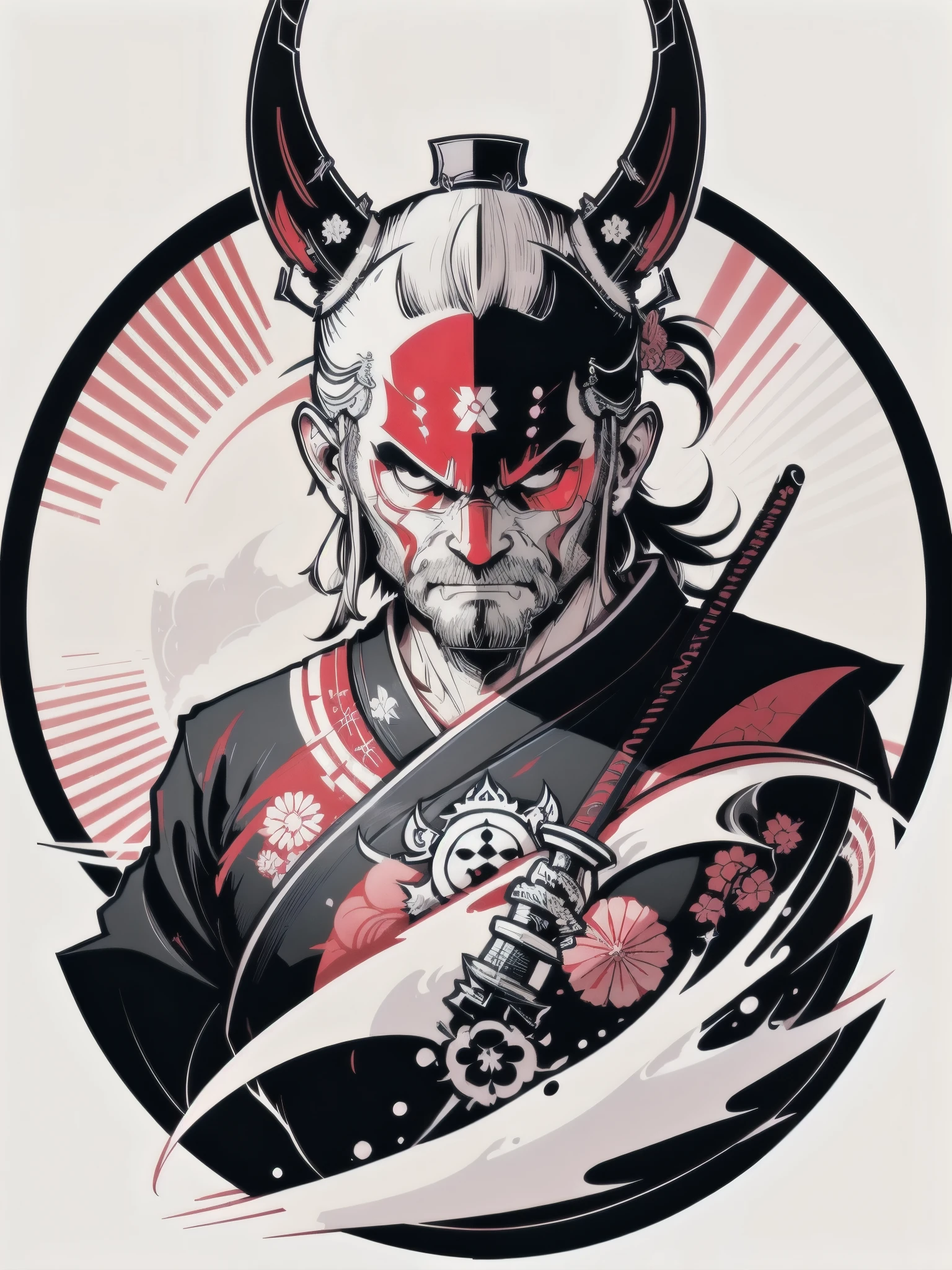 t-shirt design, logo design, samurai wearing kimono, vector, vector design, clean white background, digital painting, 8k, isolated on white background.