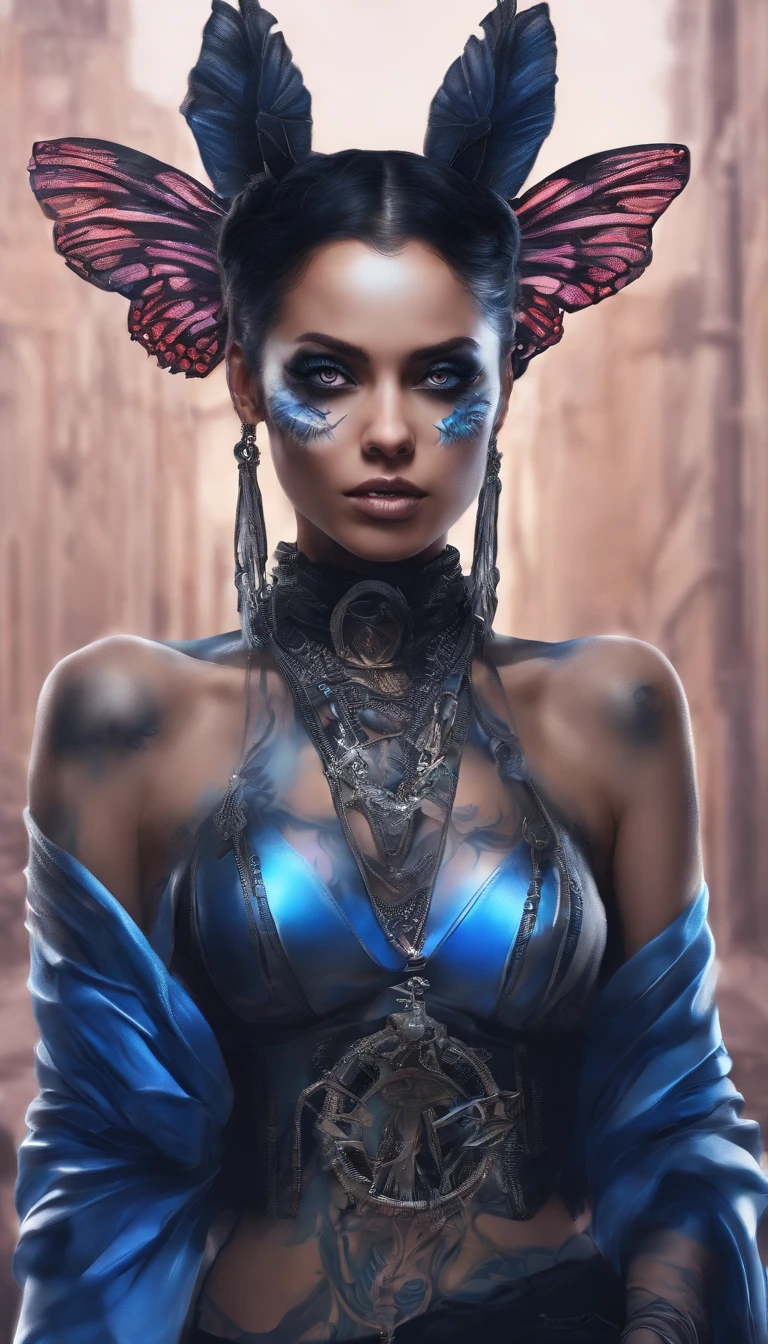 Femme arafed avec des tatouages et un collier avec un papillon sur la poitrine, femme faite de flammes noires, seductive cyberpunk dark fantasy, beautiful cyberpunk woman model, portrait pris, Moteur Unreal : : Maquillage rave, Photo fantastique de haute qualité, aetherpunk airbrush digital art, Portrait de Demon Girl, Photographie de portrait artistique 8k, digital art&#39;air-brush, l&#39;blue energy l&#39;entoure