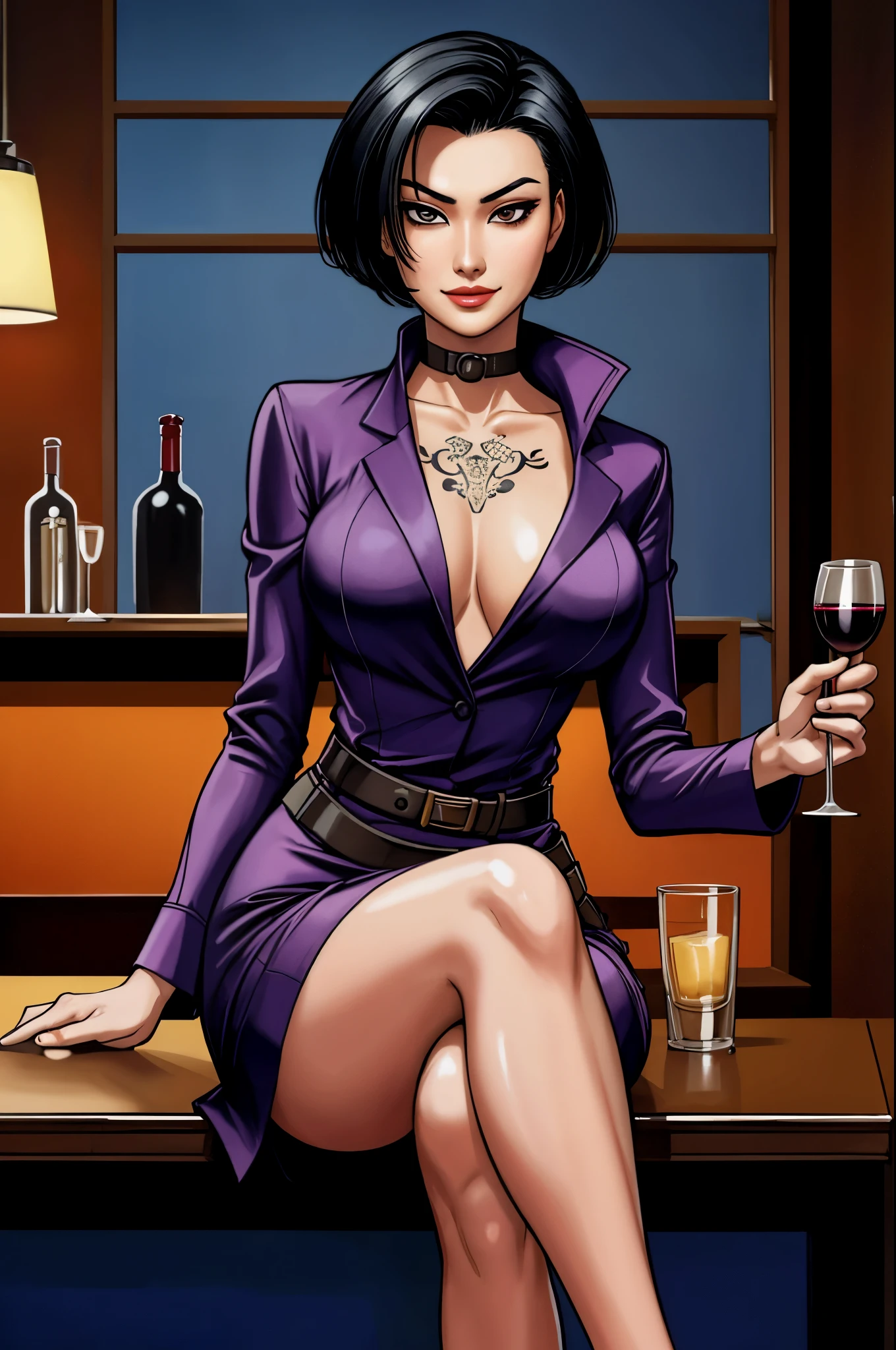 1 asian woman, spy, elegantly dressed, smirk, short black hair, holding wine and knife, ( methurlant) comic, y2k animation, hq, intricate detail, high quality, smooth, (masterpiece, best quality), tattoos, sitting at bar,