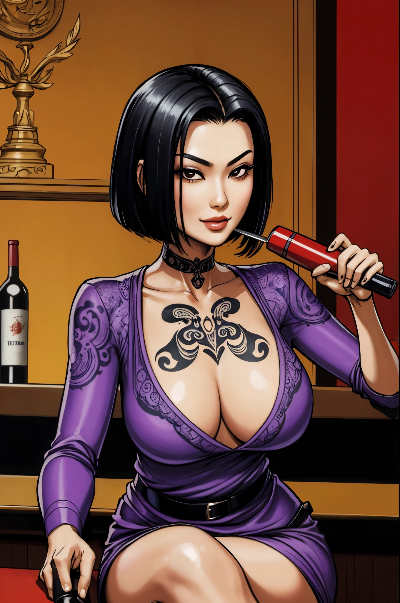 1 asian woman, spy, elegantly dressed, smirk, short black hair, holding wine and knife, ( methurlant) comic, y2k animation, hq, intricate detail, high quality, smooth, (masterpiece, best quality), tattoos, sitting at bar,