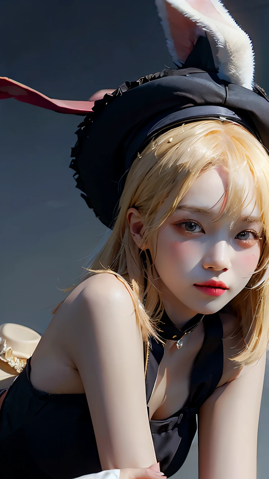 a todo color, Detailed illustration of a blonde bunny girl wearing a black fedora hat, orejas de conejo, vestido negro sexy, cielo estrellado, collar con una estrella en su cuello, portrait photography, fantasy