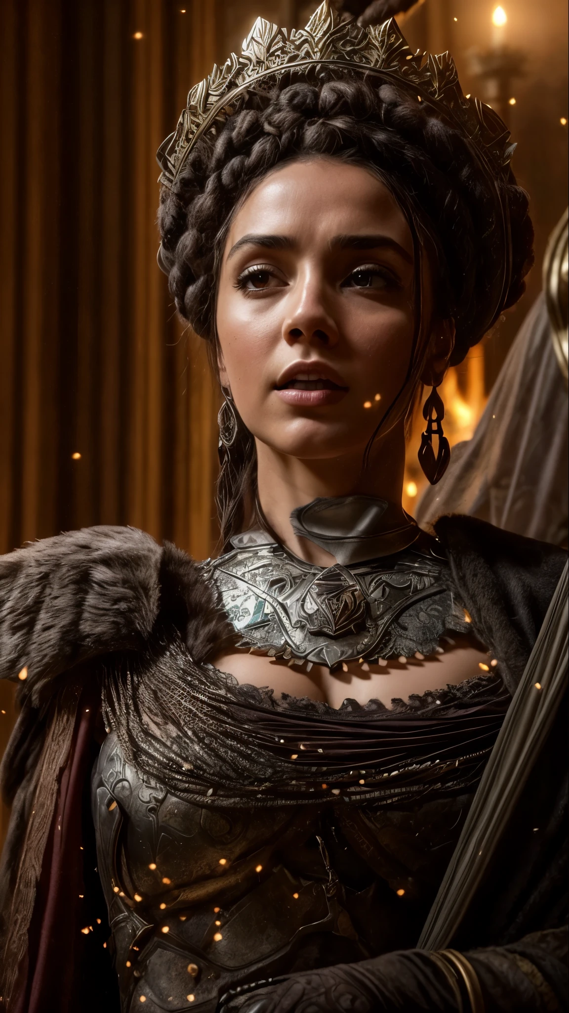 a close up of a woman in a dress and a crown, cinematic goddess shot, cinematic goddess close shot, ps5 cinematic screen capture, highly detailed vfx portrait, fantasy style 8 k octane render, 2 0 2 1 cinematic 4 k framegrab, dark skin female goddess of love, highly detailed vfx portrait of, diablo 4 queen, cinematic close-up bust shot, ana de armas as joan of arc, still from a live action movie, biblical epic movie, imogen poots as a holy warrior, scene from live action movie, still from a fantasy movie, film still of gal gadot, still from the movie, screenshot from a movie, film still dnd