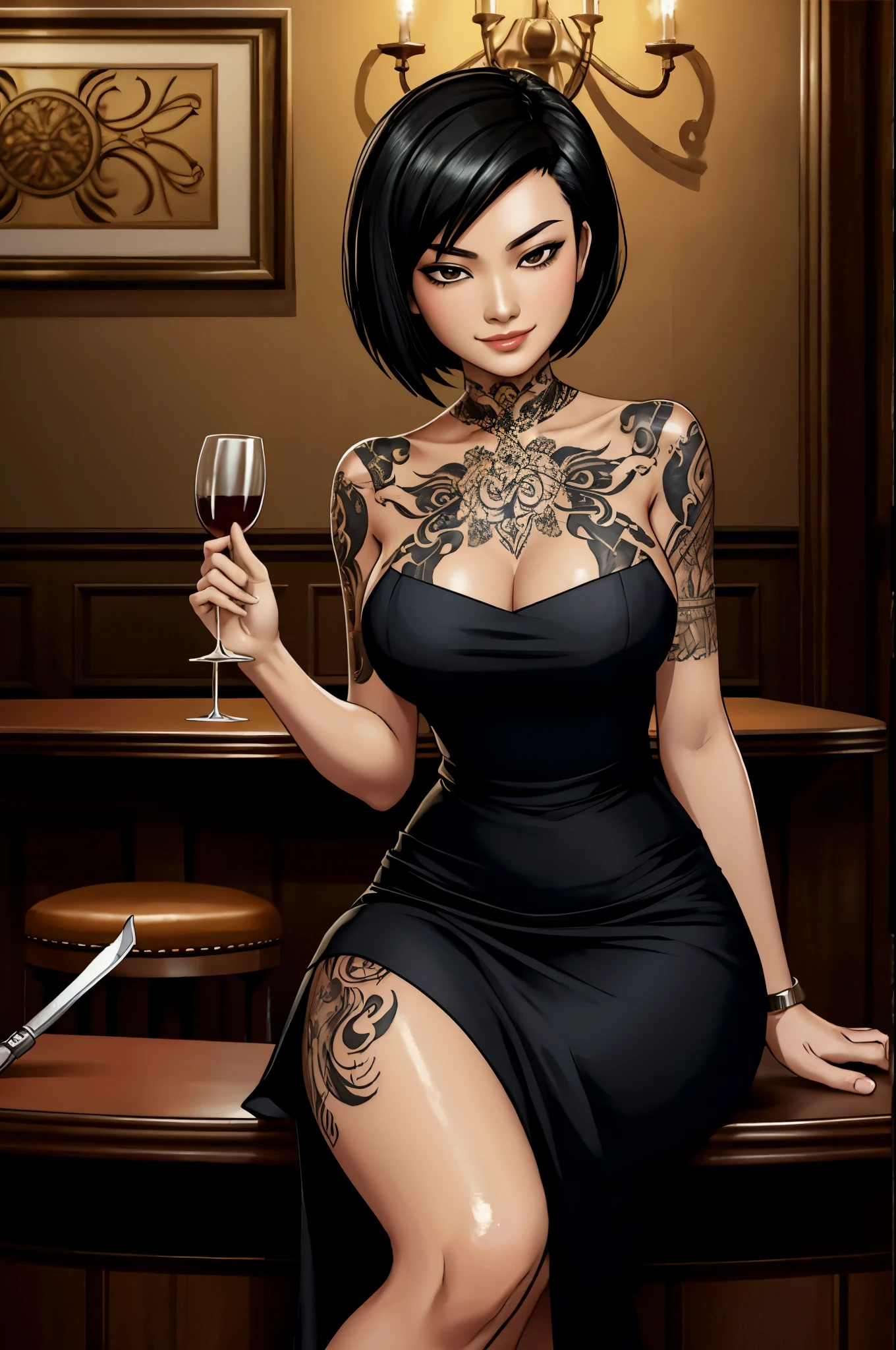 1 asian woman, spy, elegantly dressed, smirk, short black hair, holding wine and knife, ( methurlant) comic, y2k animation, hq, intricate detail, high quality, smooth, (masterpiece, best quality), tattoos, sitting at bar,